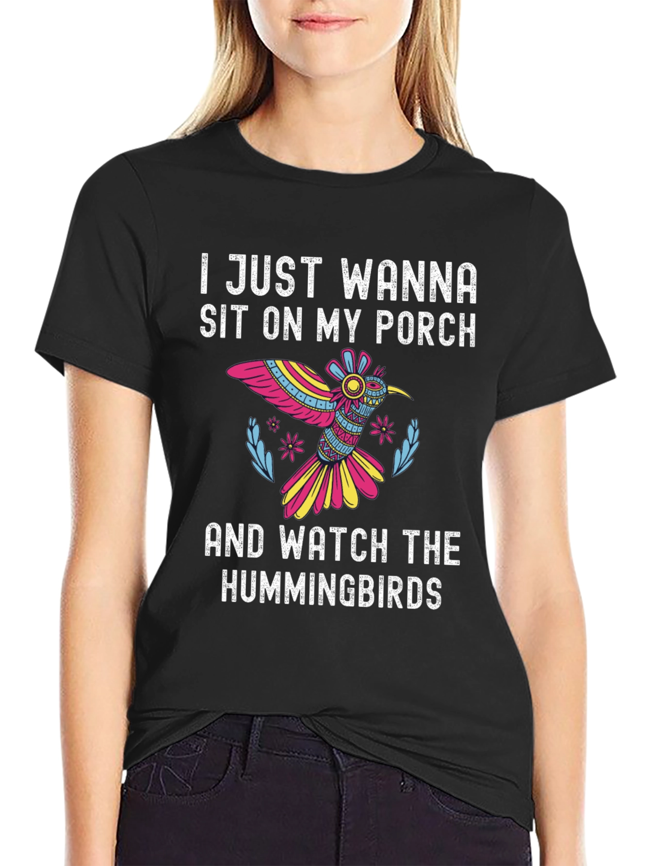 Black Hummingbird Porch T-Shirt - Relax & Watch! view 2