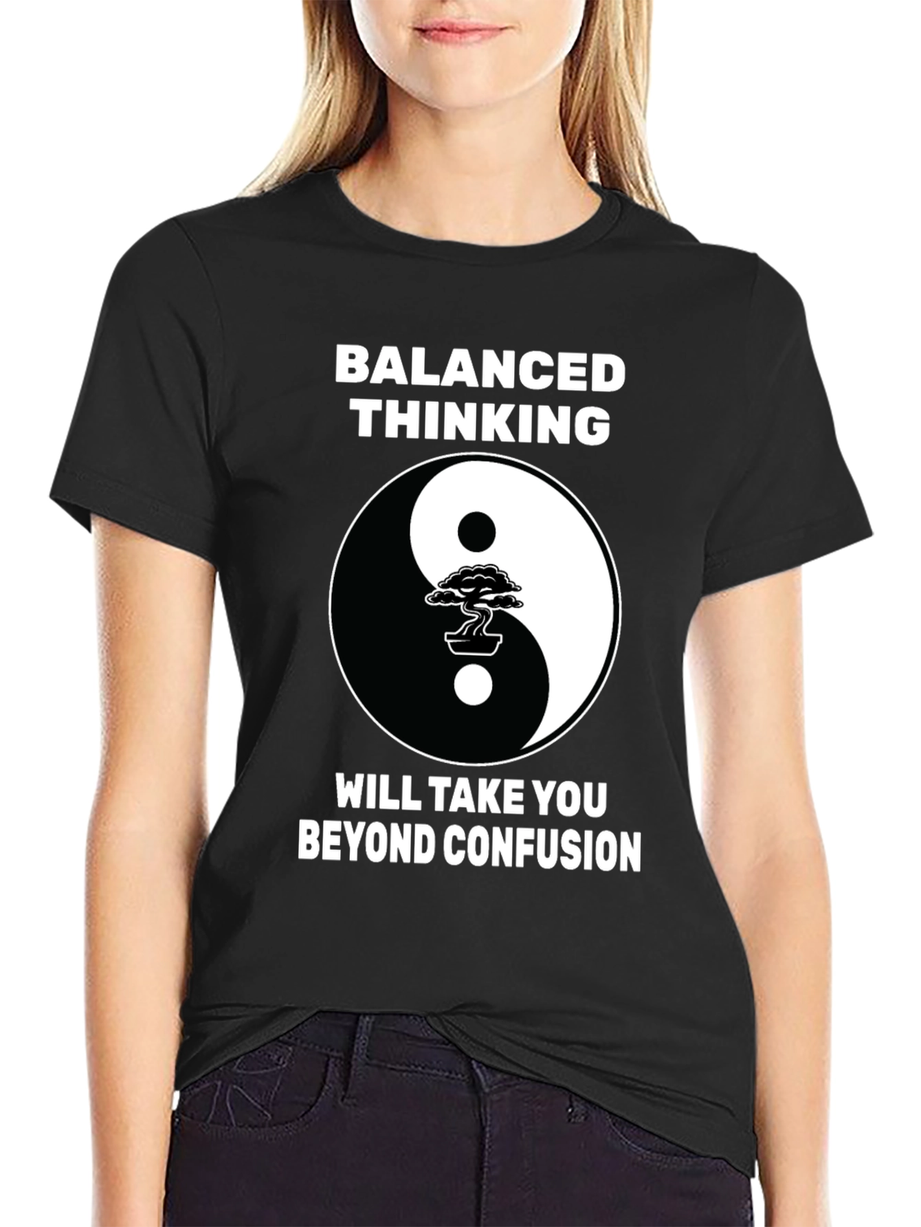 Black Balanced Thinking Yin Yang Bonsai Tree Graphic T-Shirt view 2