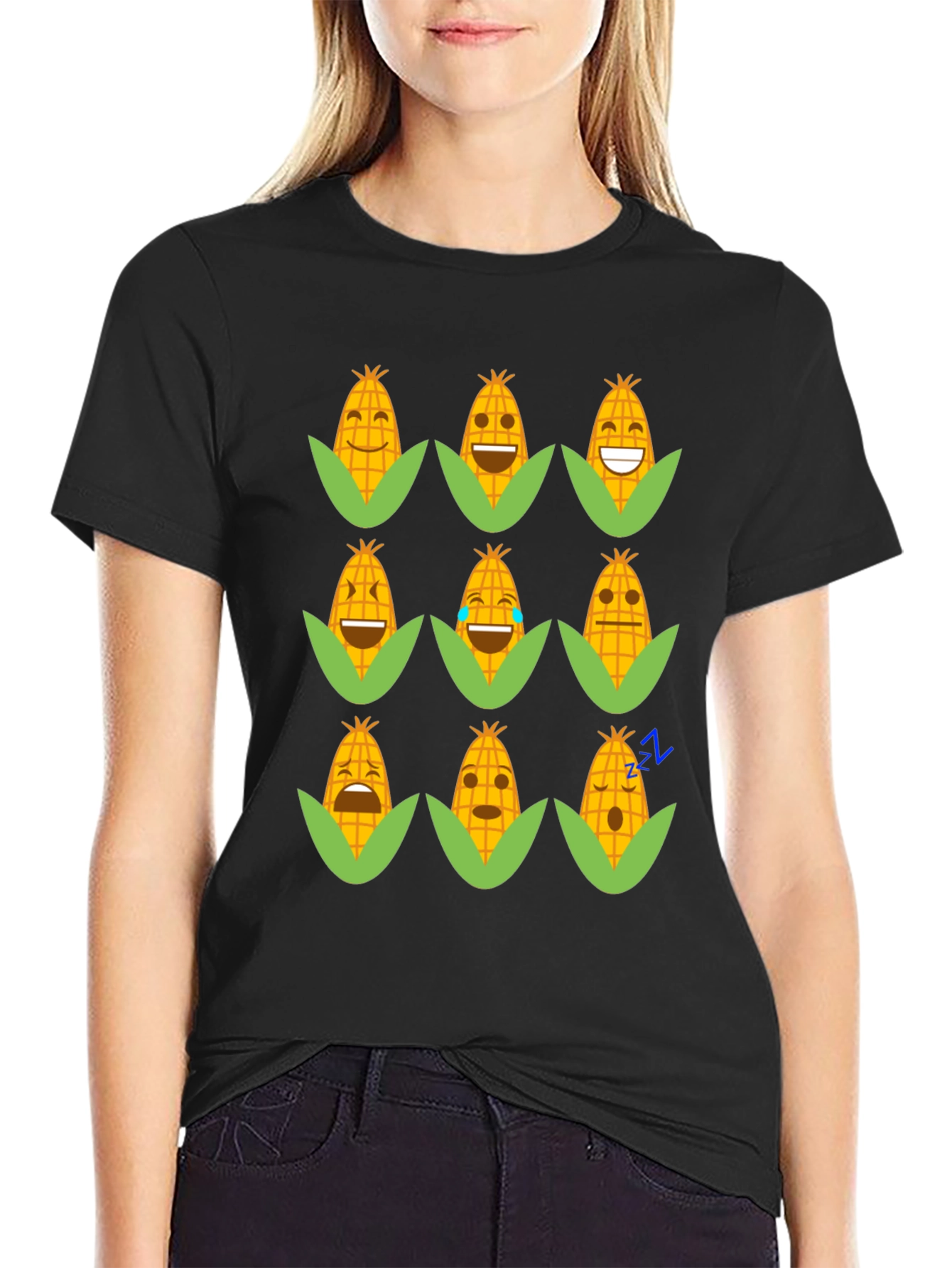 Black Emoji Corn Black T-Shirt - Fun Foodie Tee view 2