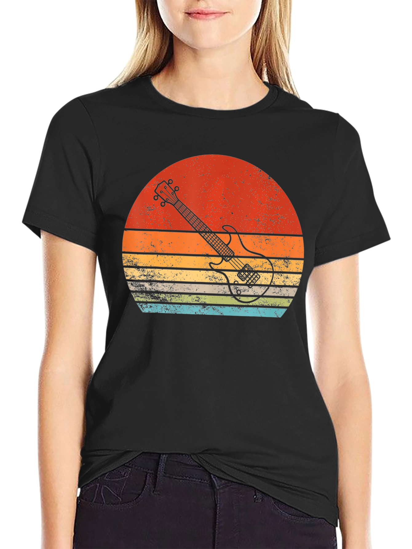 Black Retro Guitar Sunset Graphic Tee view 2