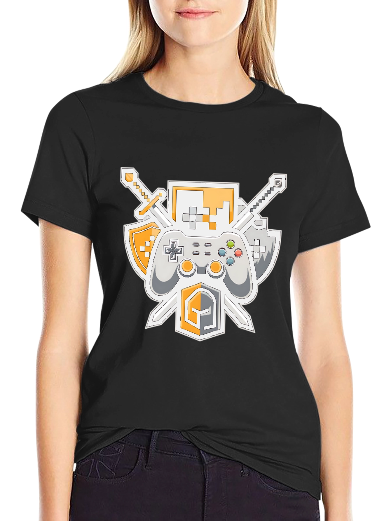 Black Gamer's Crest T-Shirt - Swords, Controller, & Shield Design view 2