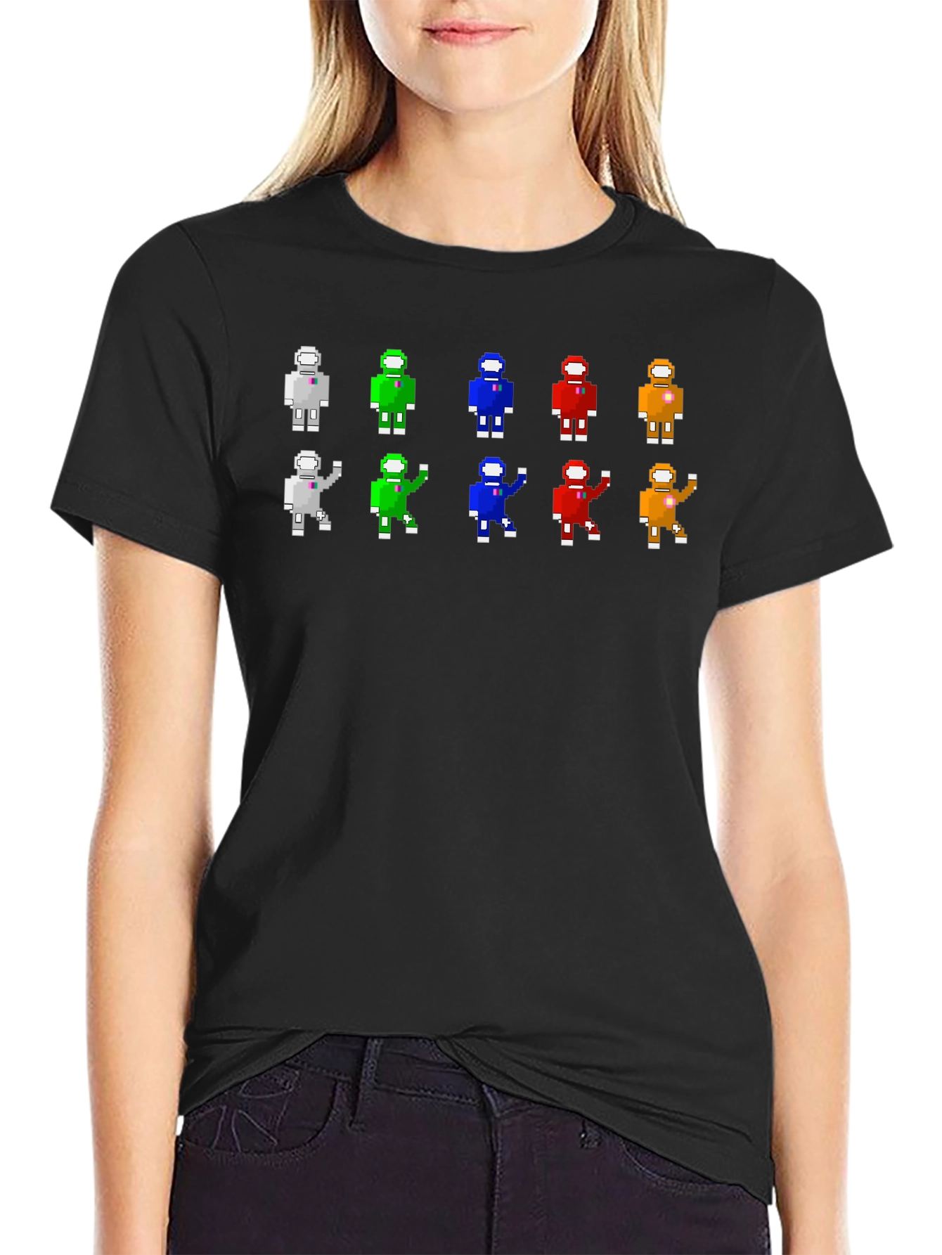 Black Pixel Art Color Block Crew Neck T-Shirt view 2