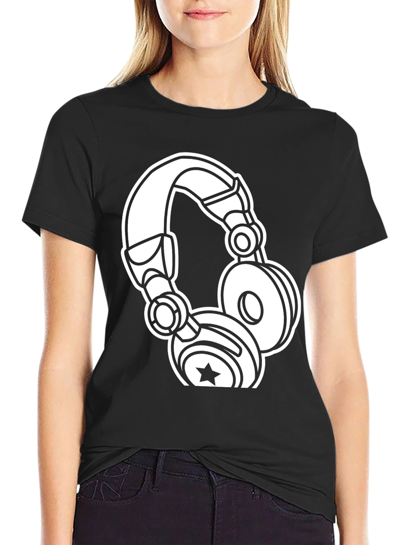 Black Graphic Tee: White Headphones on Black Cotton view 2