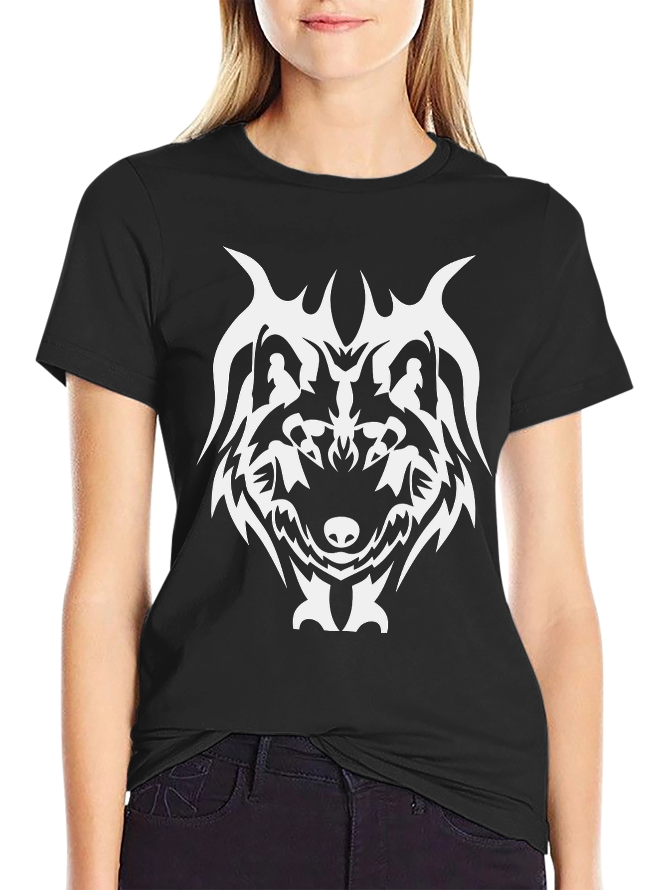 Black Tribal Wolf Graphic Tee - Black Cotton Blend view 2