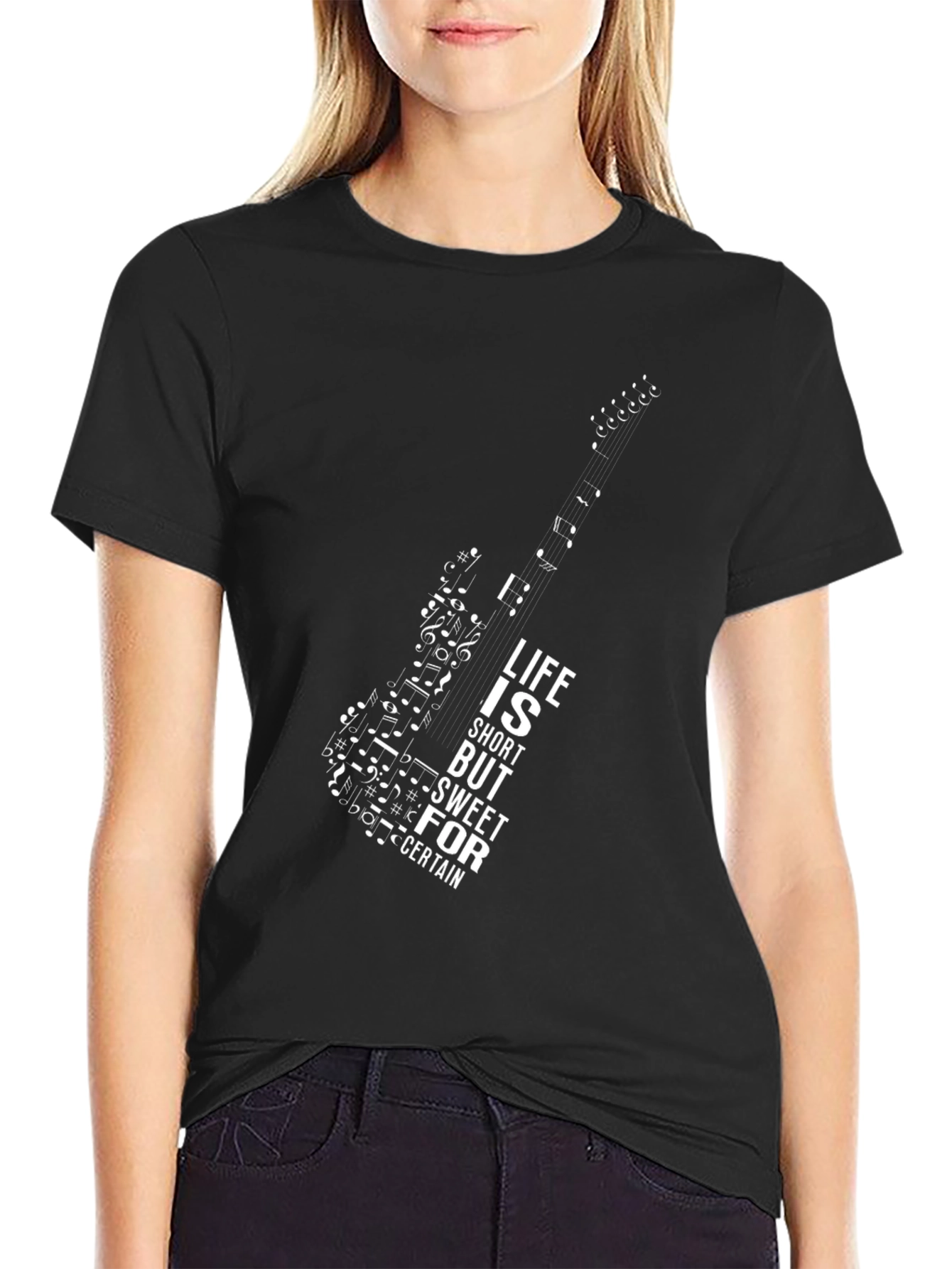 Black Guitar Music Note Graphic Tee view 2