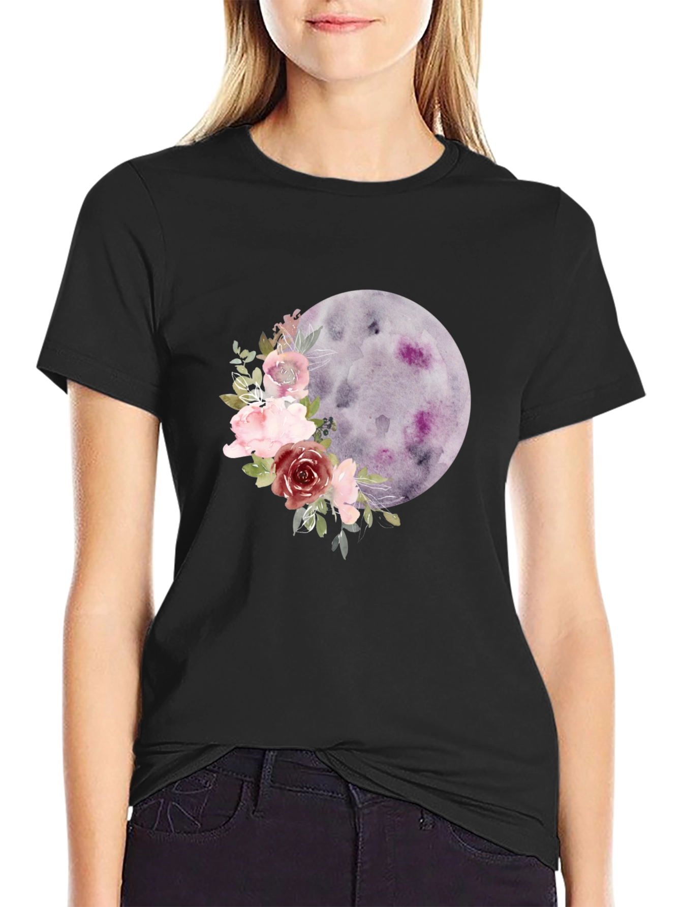 Black Floral Moon Graphic Tee - Black Casual T-Shirt view 2