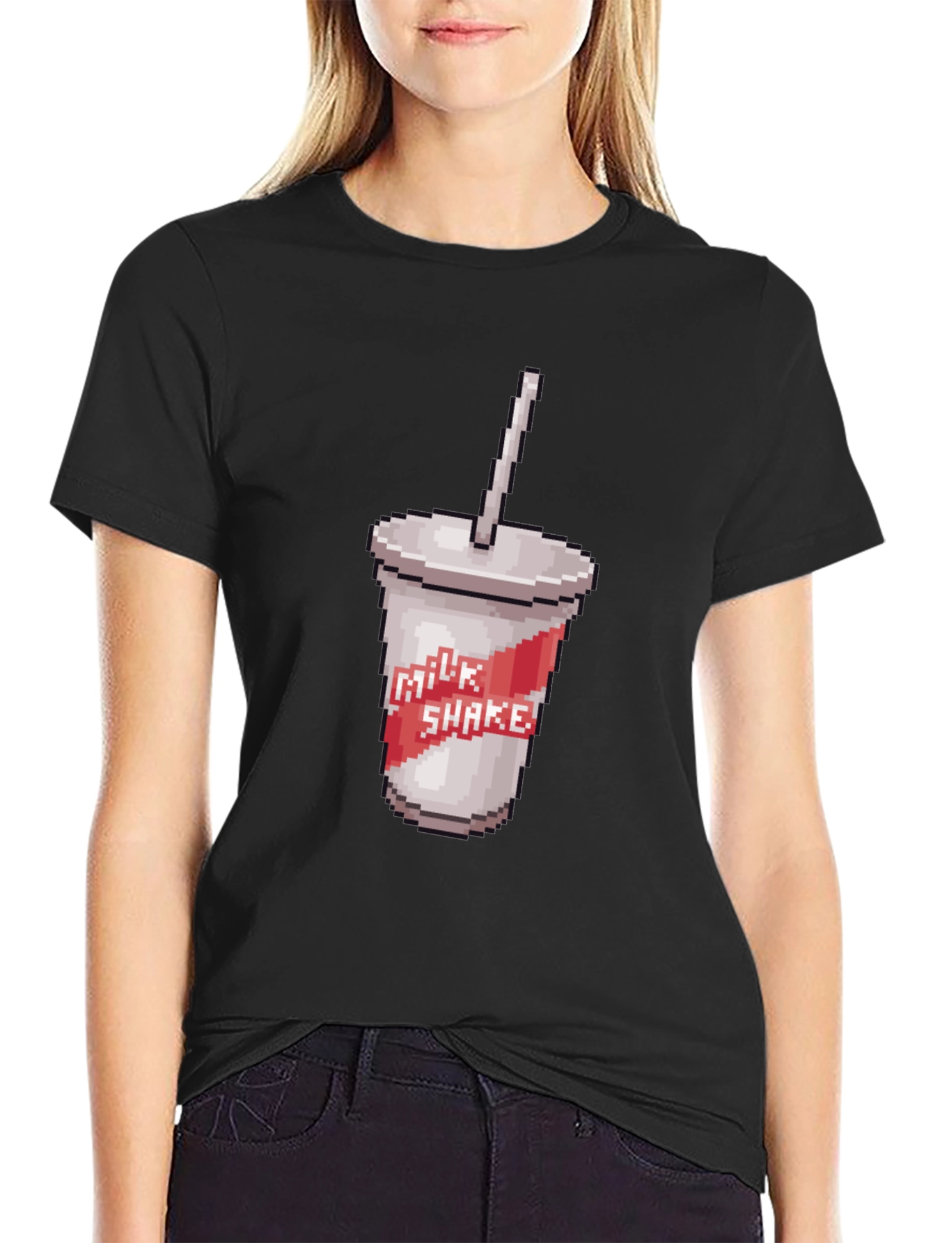 Black Retro Pixel Milkshake T-Shirt - Classic Black Tee view 2