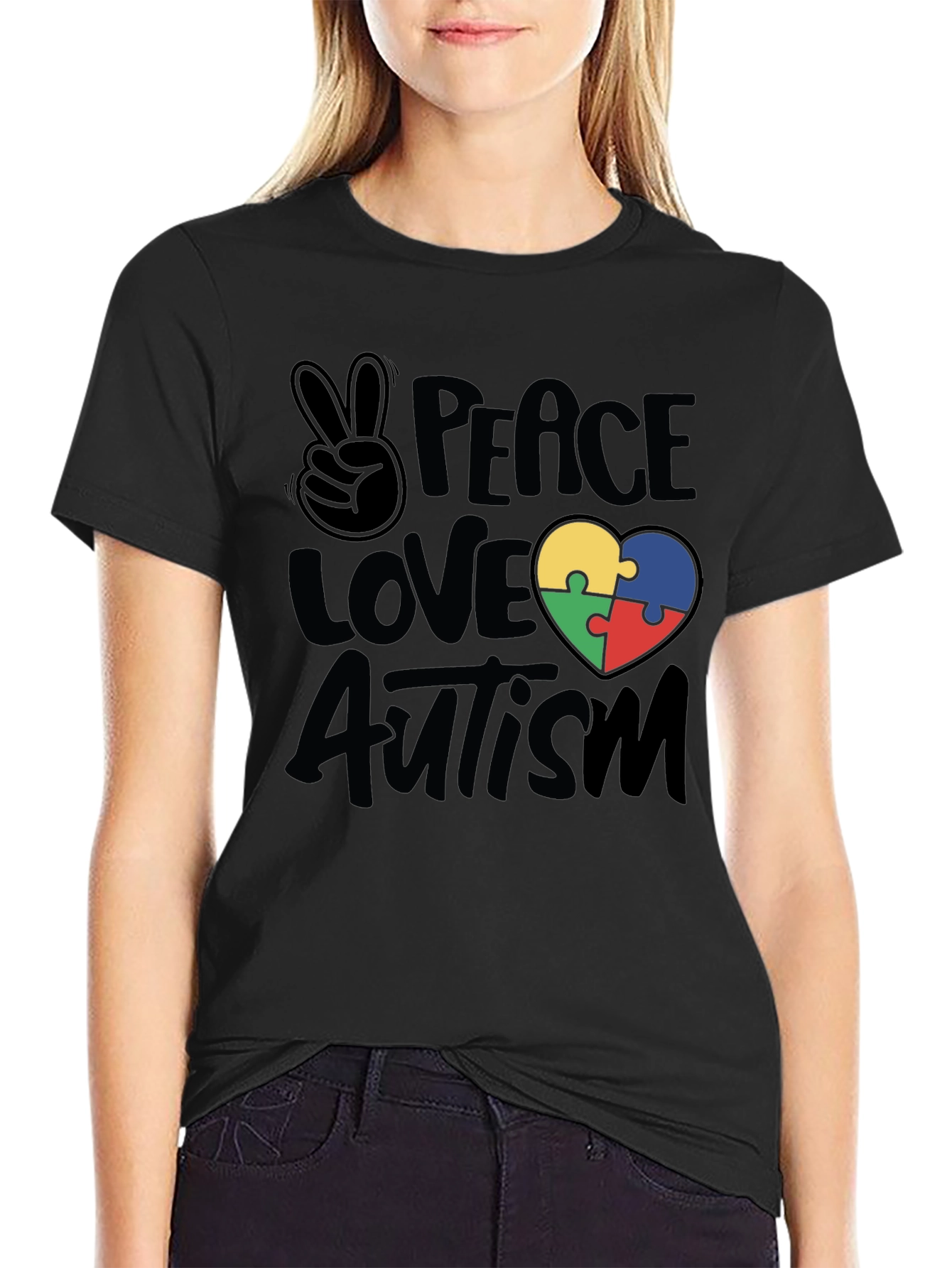 Black Peace Love Autism Puzzle Heart T-Shirt view 2