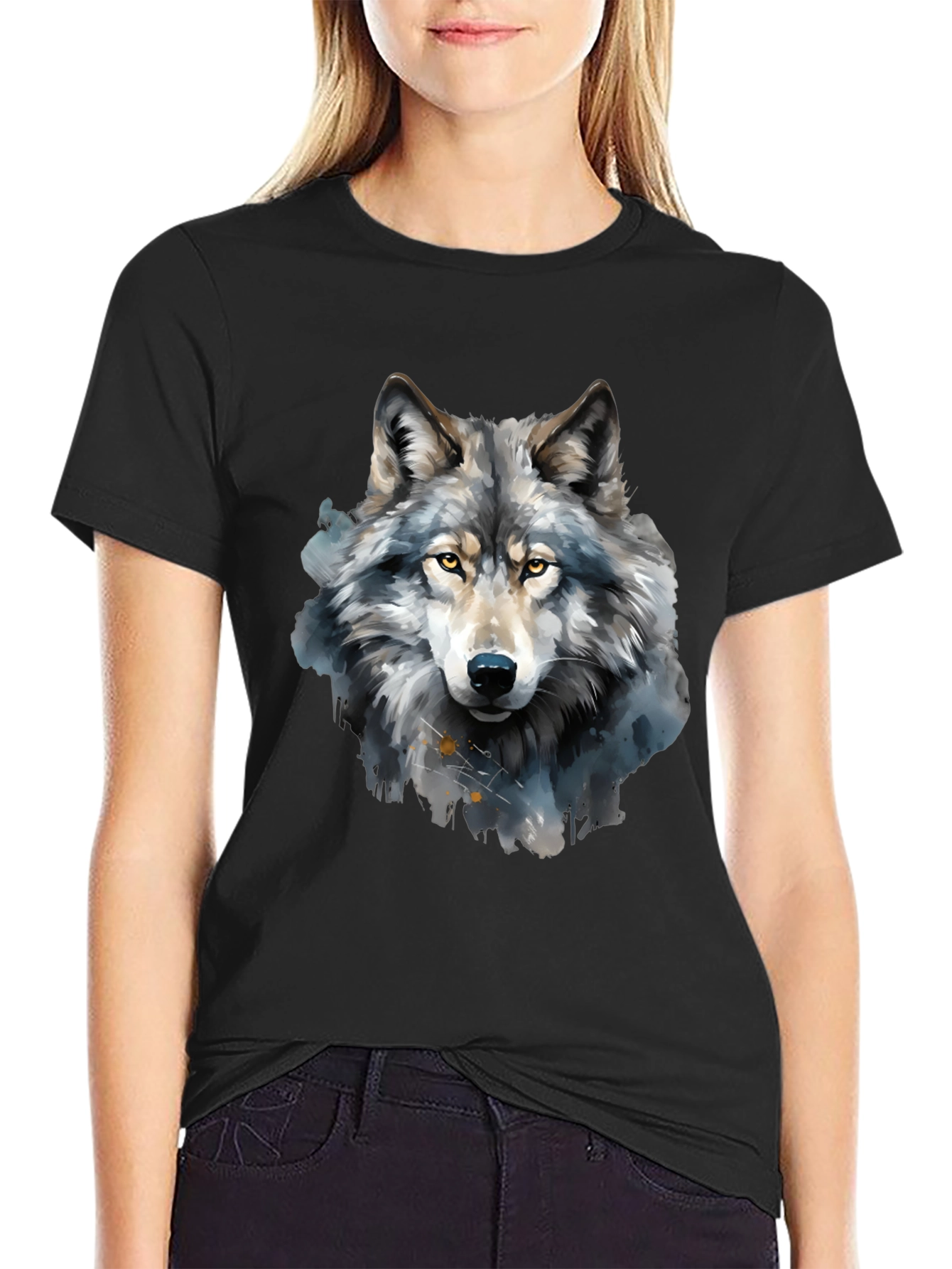 Black Watercolor Wolf Graphic Tee - Men's Black T-Shirt view 2