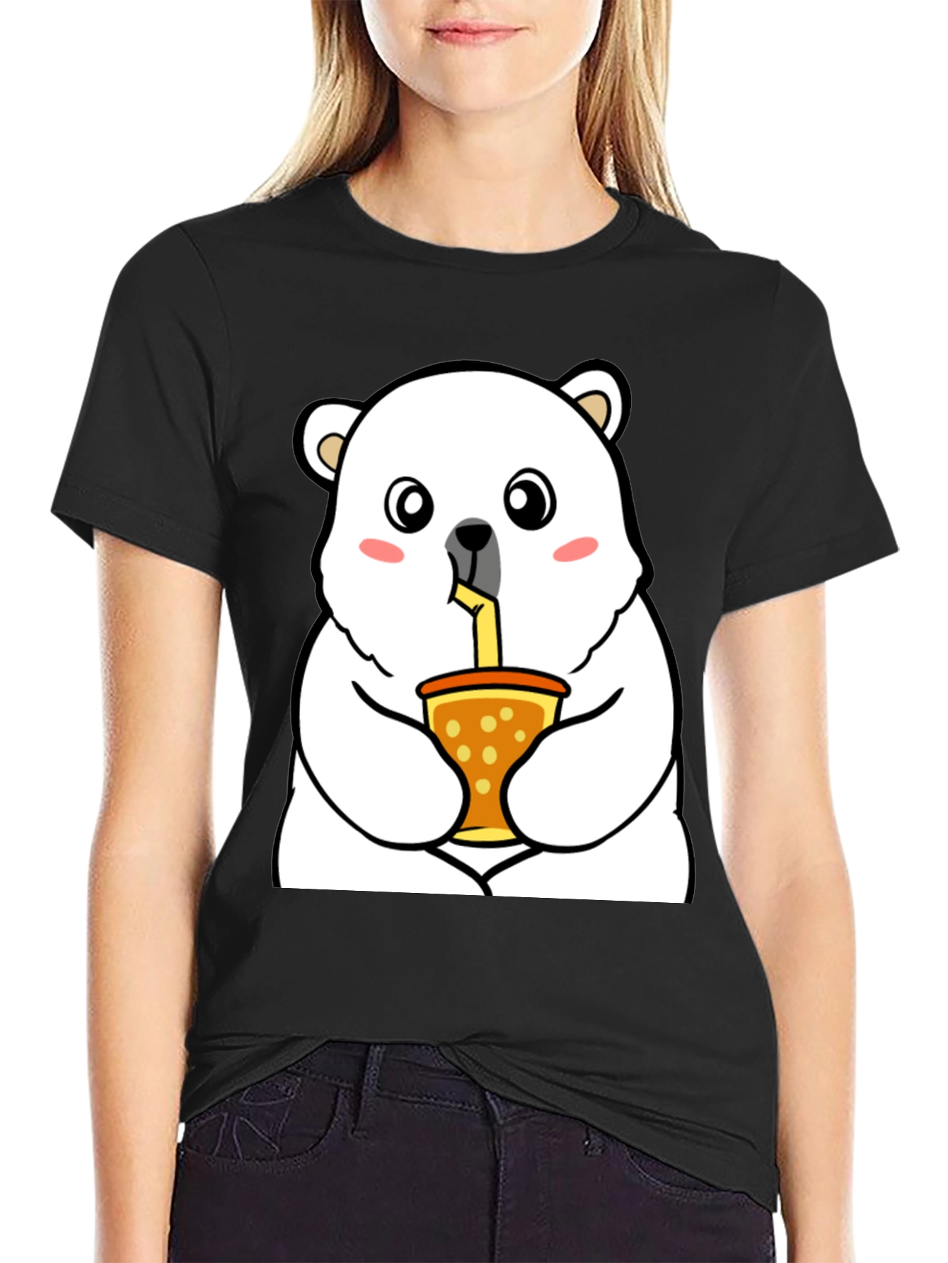 Black Cute Polar Bear Bubble Tea T-Shirt - Unisex view 2