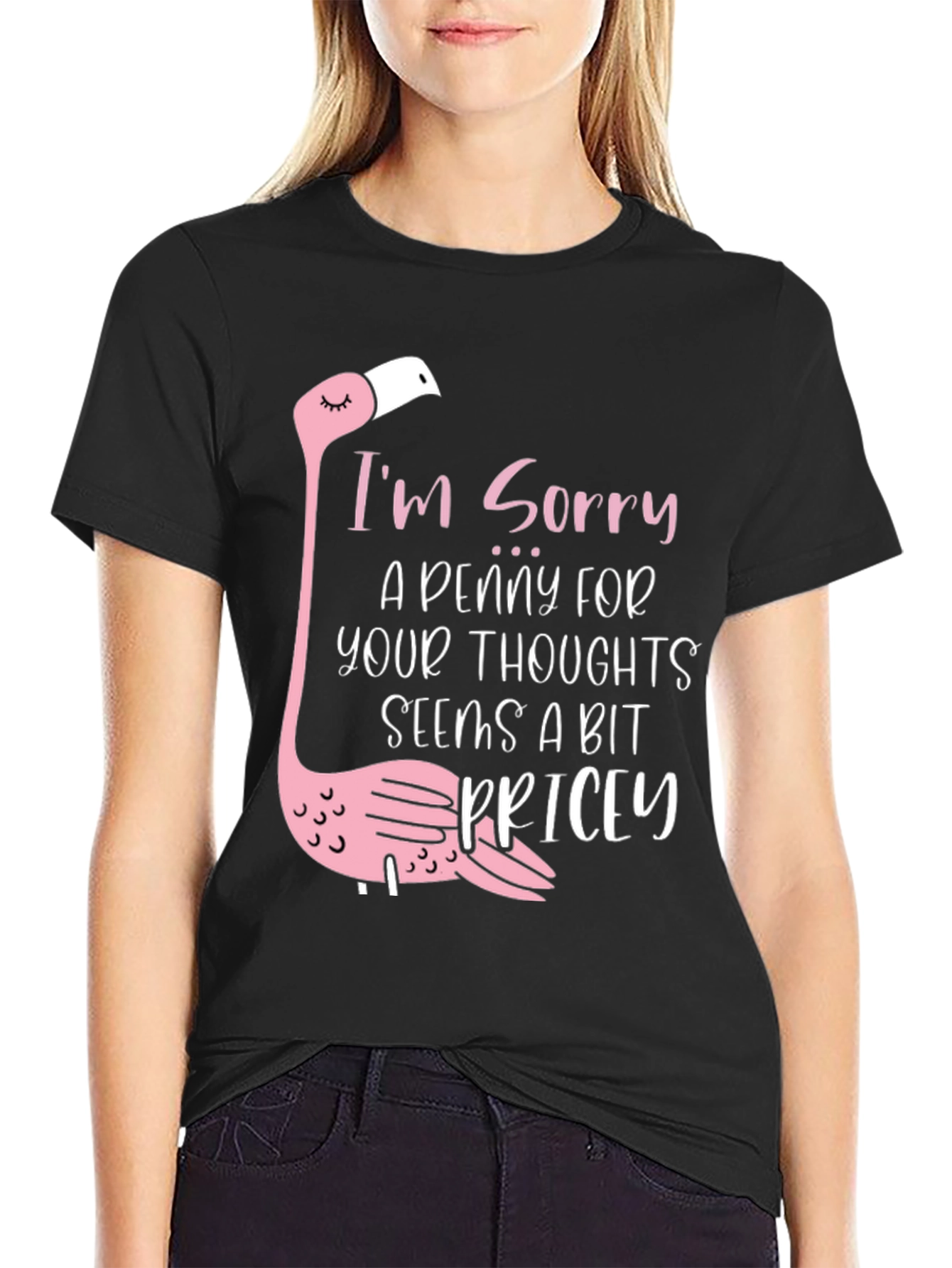 Black Funny Flamingo 'A Penny For Your Thoughts' Black T-Shirt view 2