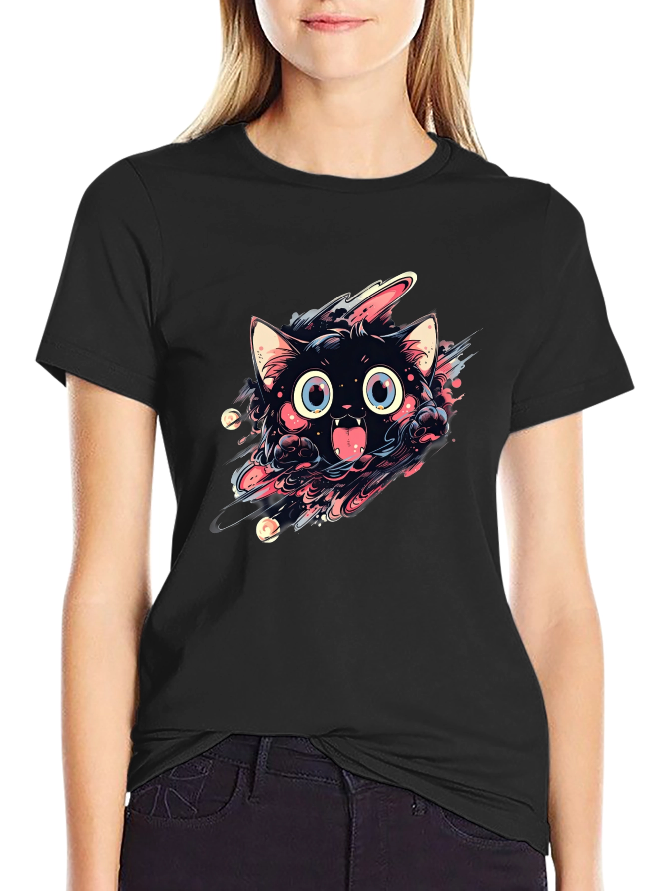 Black Cartoon Cat Graphic Black T-Shirt view 2
