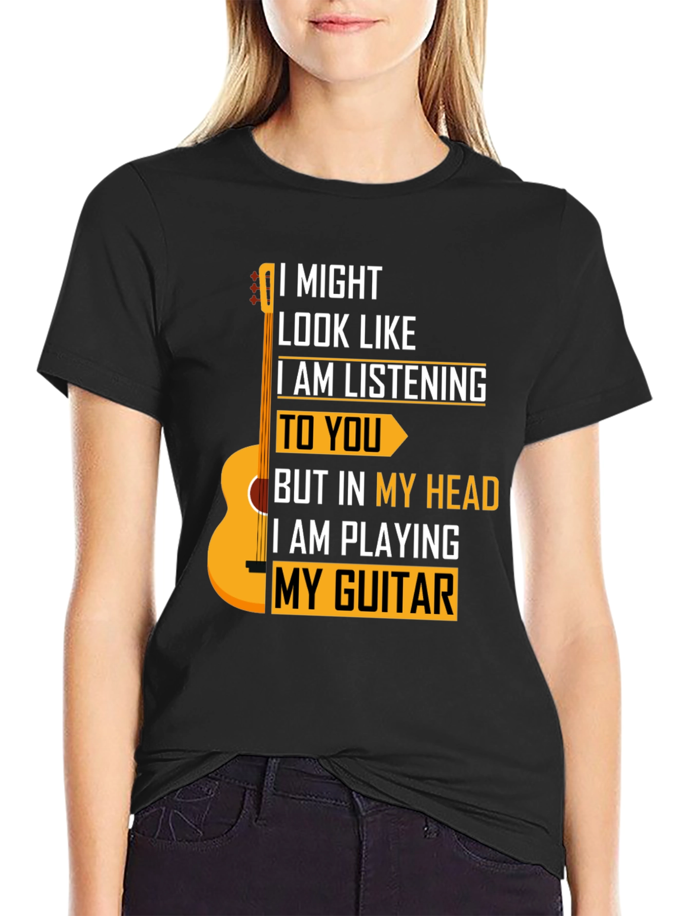 Black Guitarist T-Shirt - I Might Look Like I am Listening view 2