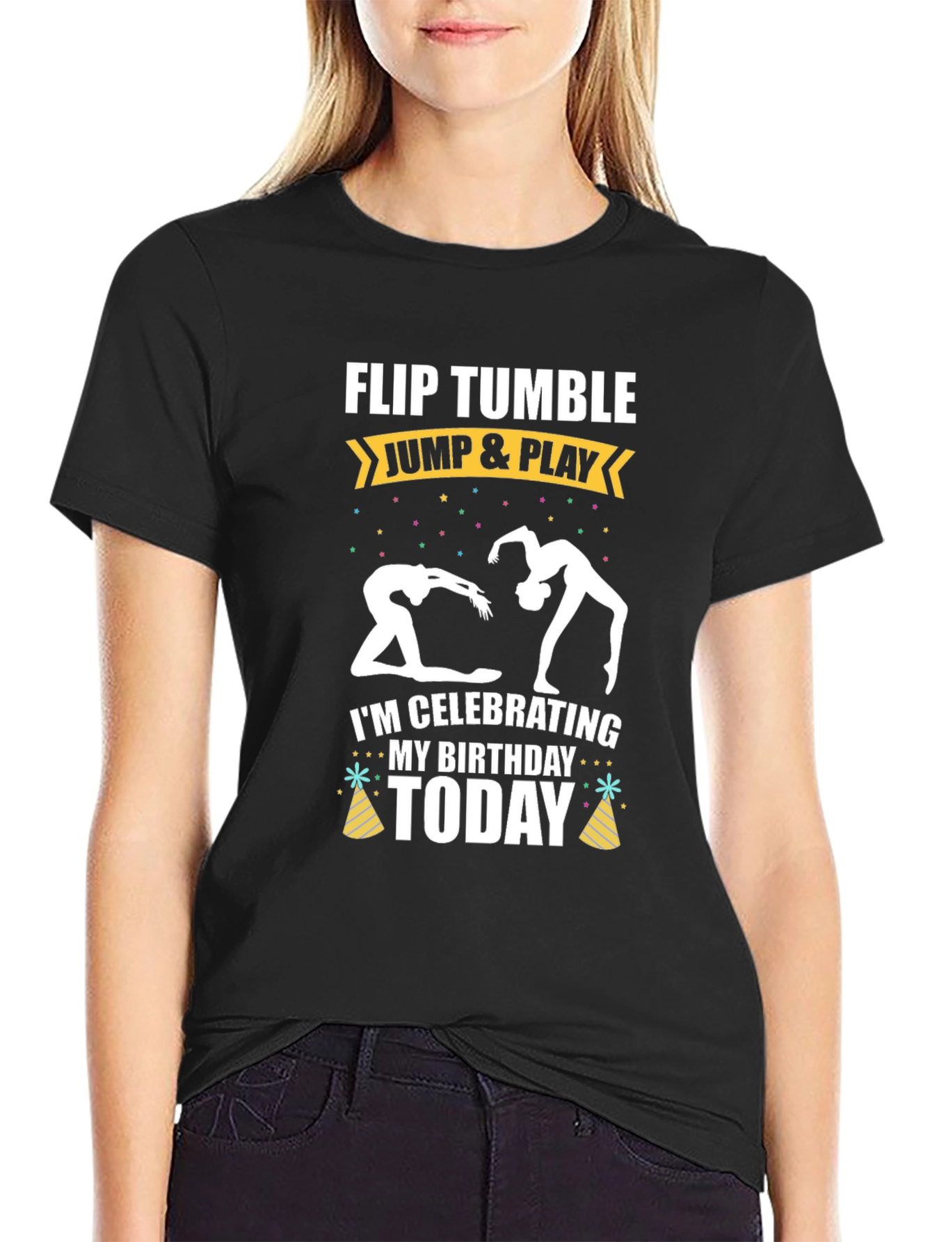 Black Gymnastics Birthday T-Shirt - Flip Tumble Jump & Play view 2