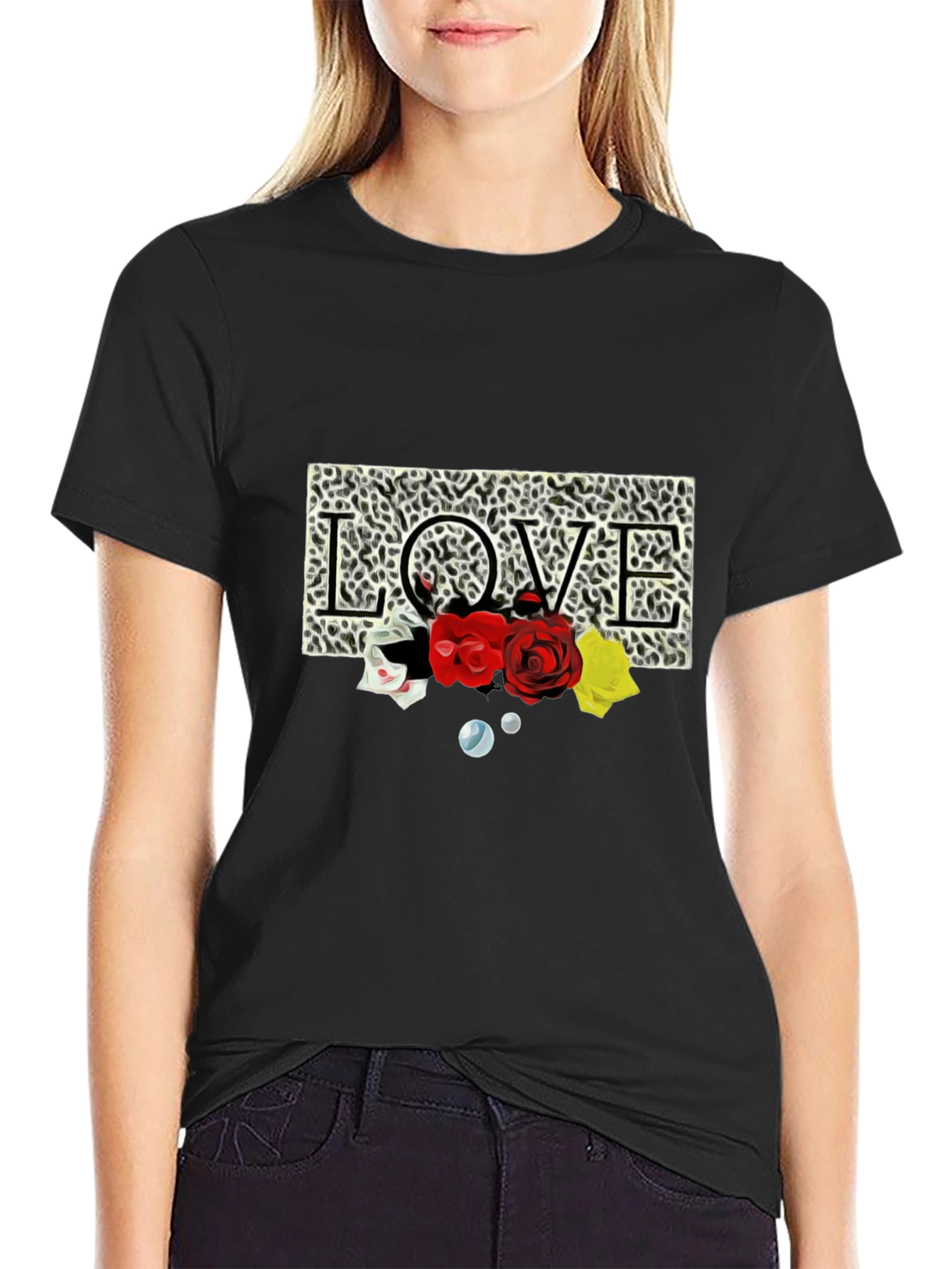 Black Leopard Love Roses Graphic T-Shirt view 2
