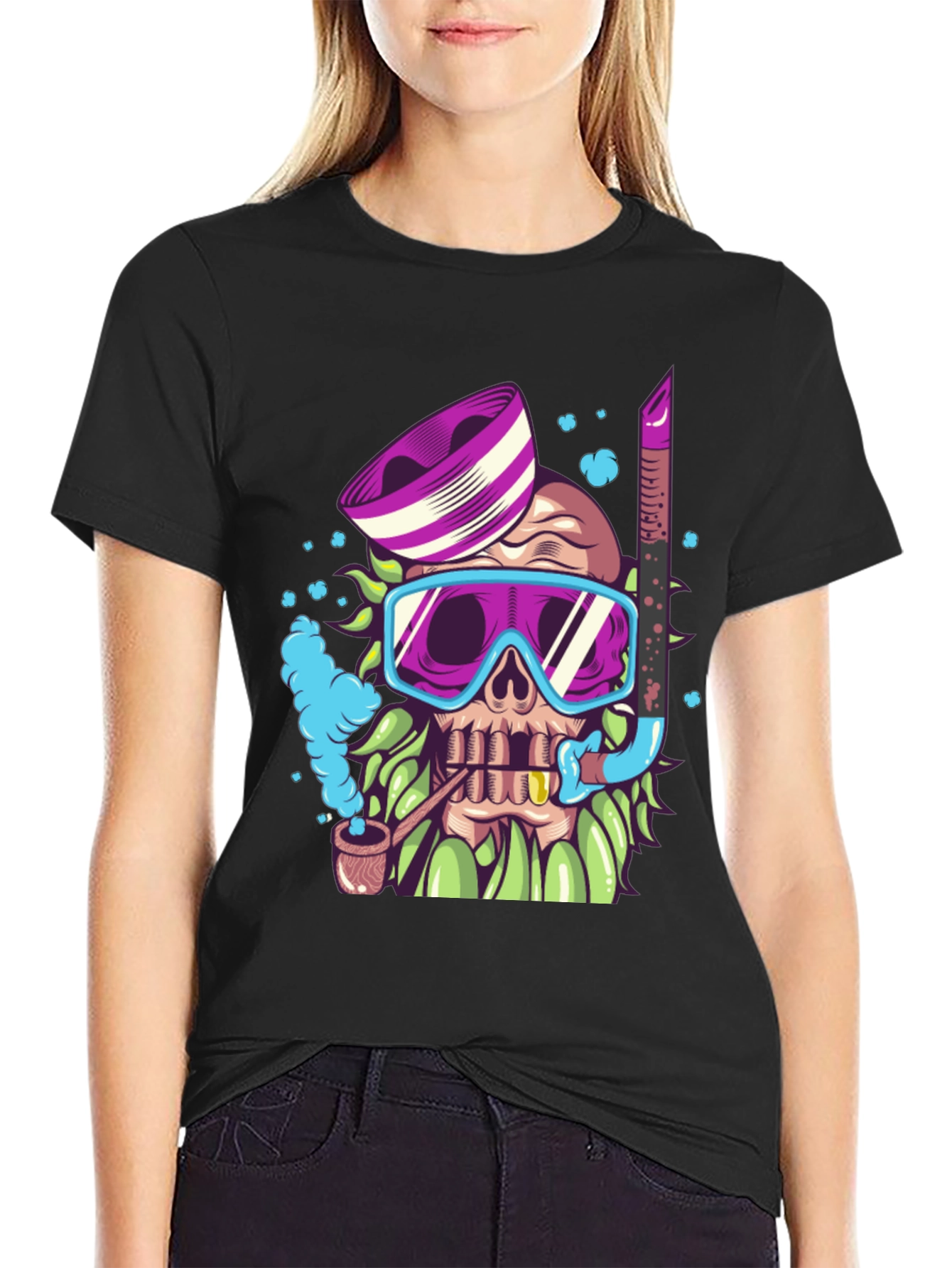 Black Diver Skull Graphic Tee - Black Cotton T-Shirt view 2