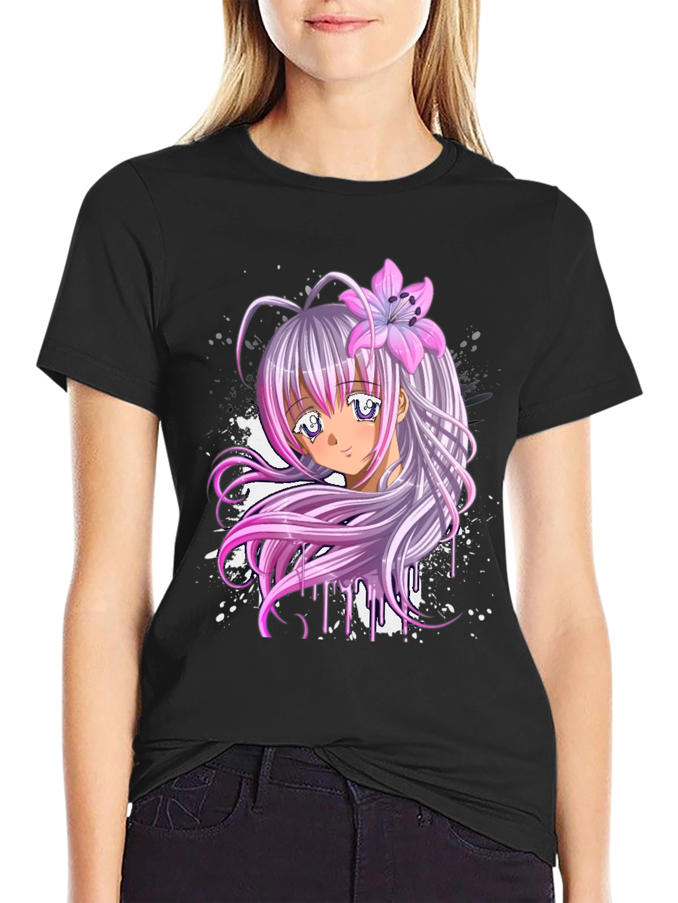 Black Anime Girl Graphic Black T-Shirt view 2