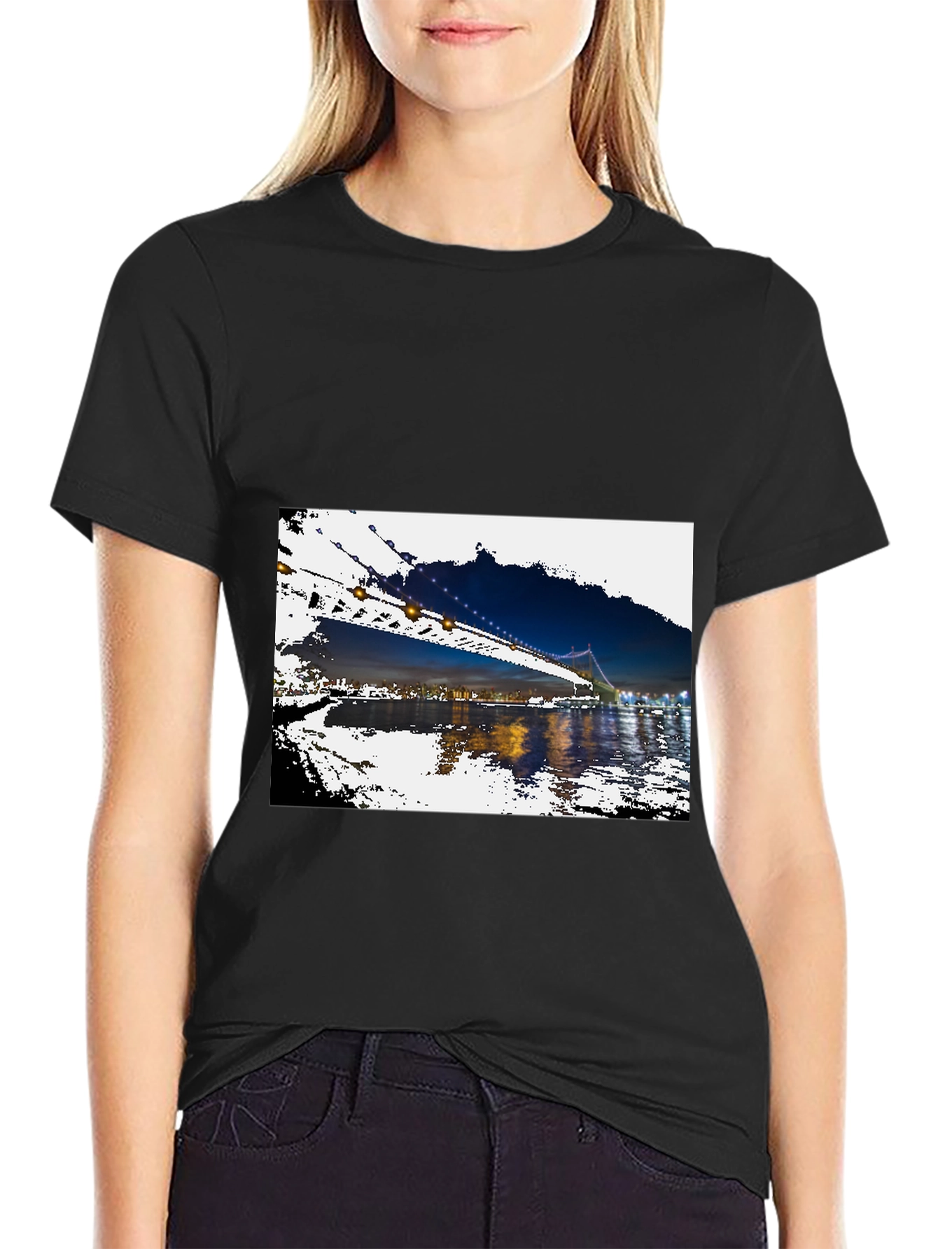 Black Night Bridge Print Black T-Shirt view 2