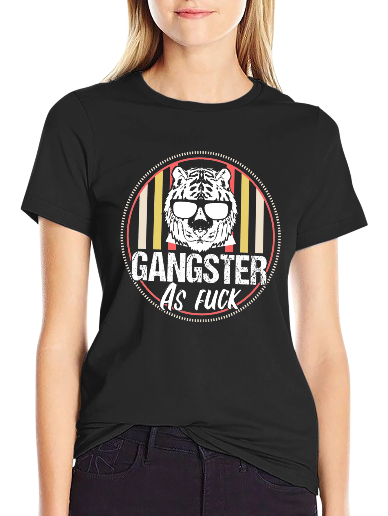 Black Gangster Tiger Graphic Tee - Black Crew Neck T-Shirt view 2