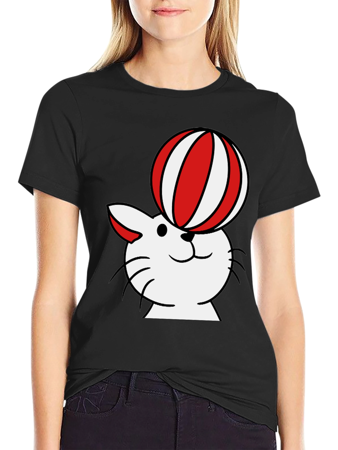 Black Cat with Ball T-Shirt - Whimsical Design view 2