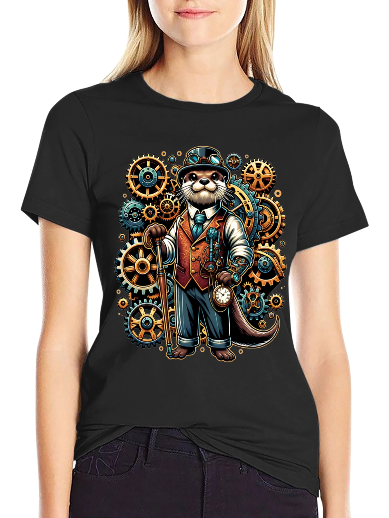 Black Steampunk Otter Graphic Tee view 2
