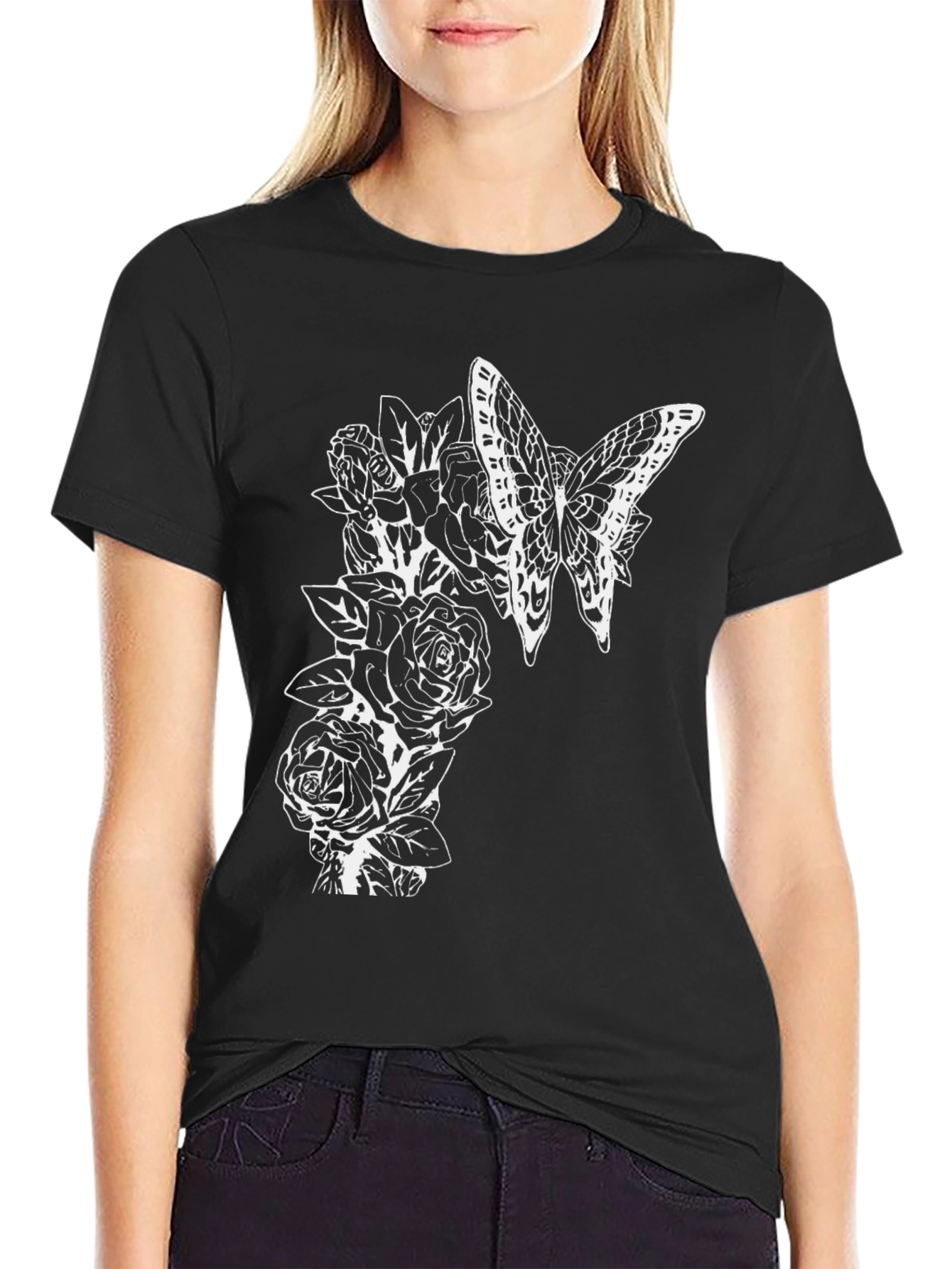 Black Butterfly and Roses Graphic T-Shirt - Men's Black Tee view 2