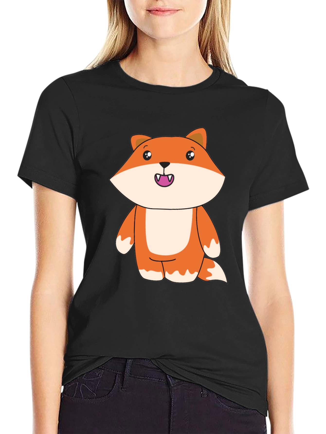 Black Cute Cartoon Fox Black T-Shirt view 2