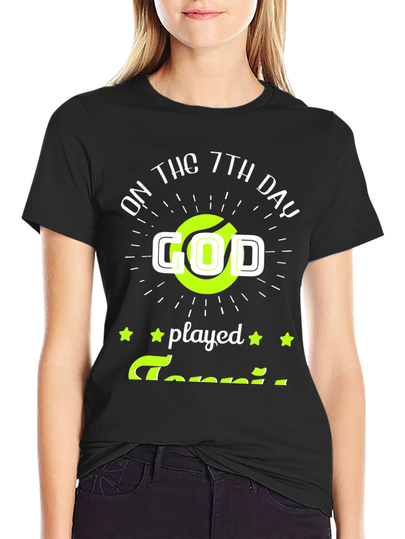 Black Funny Tennis God T-Shirt, On the 7th Day God Played Tennis Tee view 2