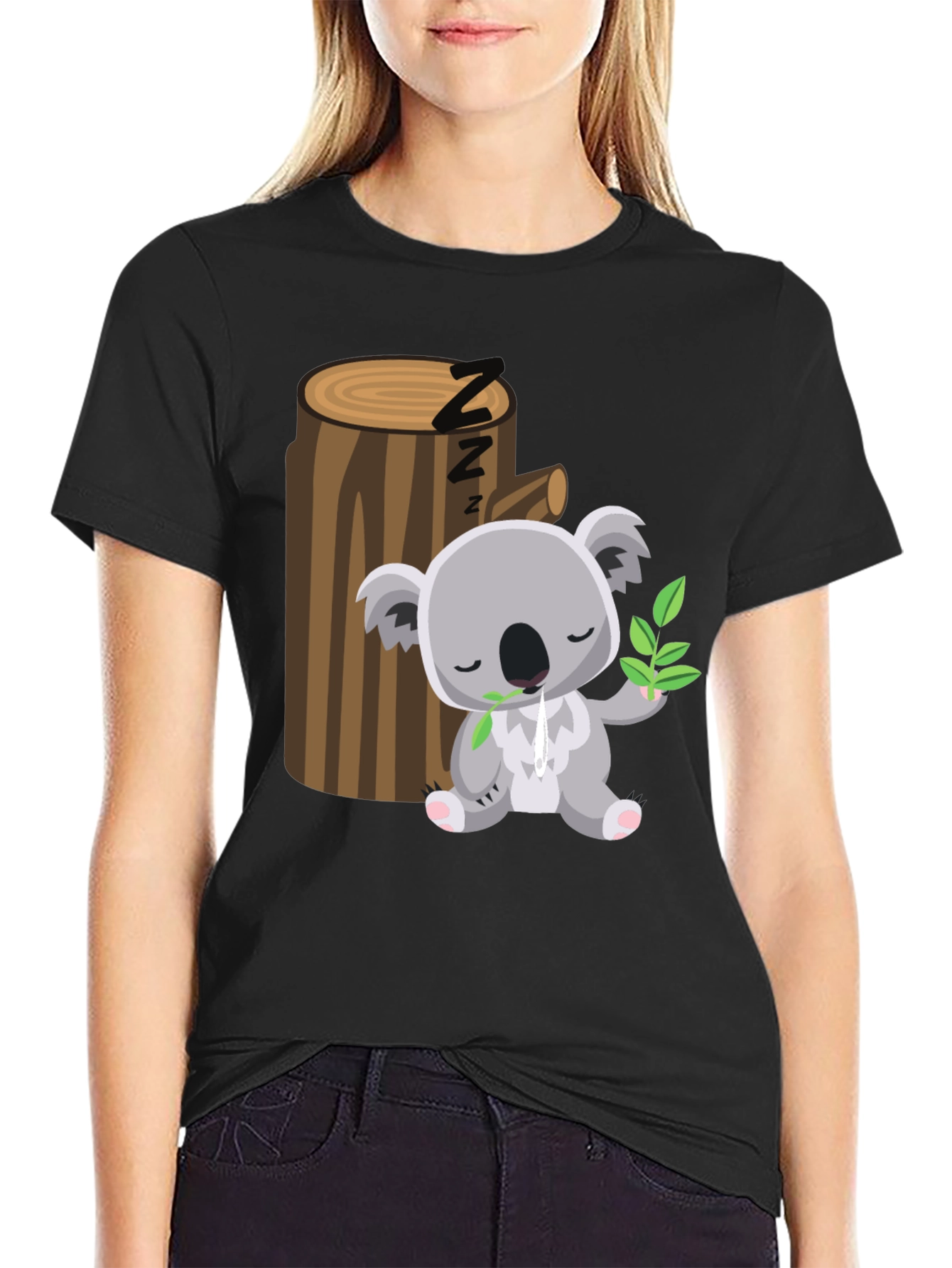 Black Sleeping Koala T-Shirt - Cute Cartoon Design view 2