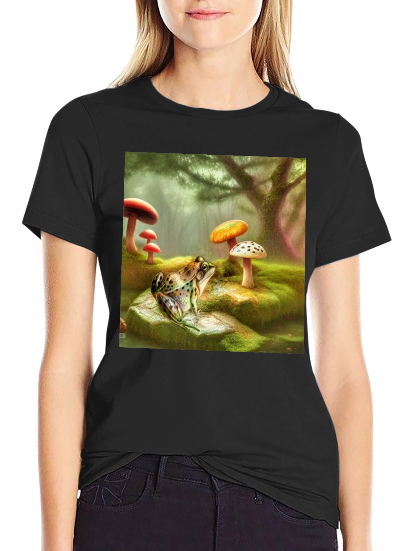 Black Frog & Mushroom Forest Graphic T-Shirt view 2