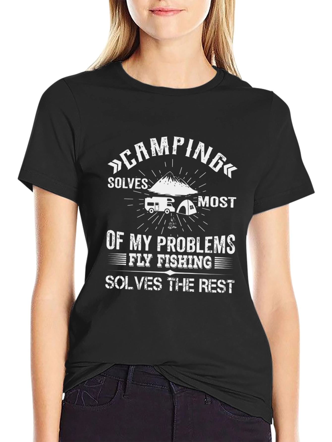 Black Camping & Fly Fishing Problem Solver T-Shirt view 2