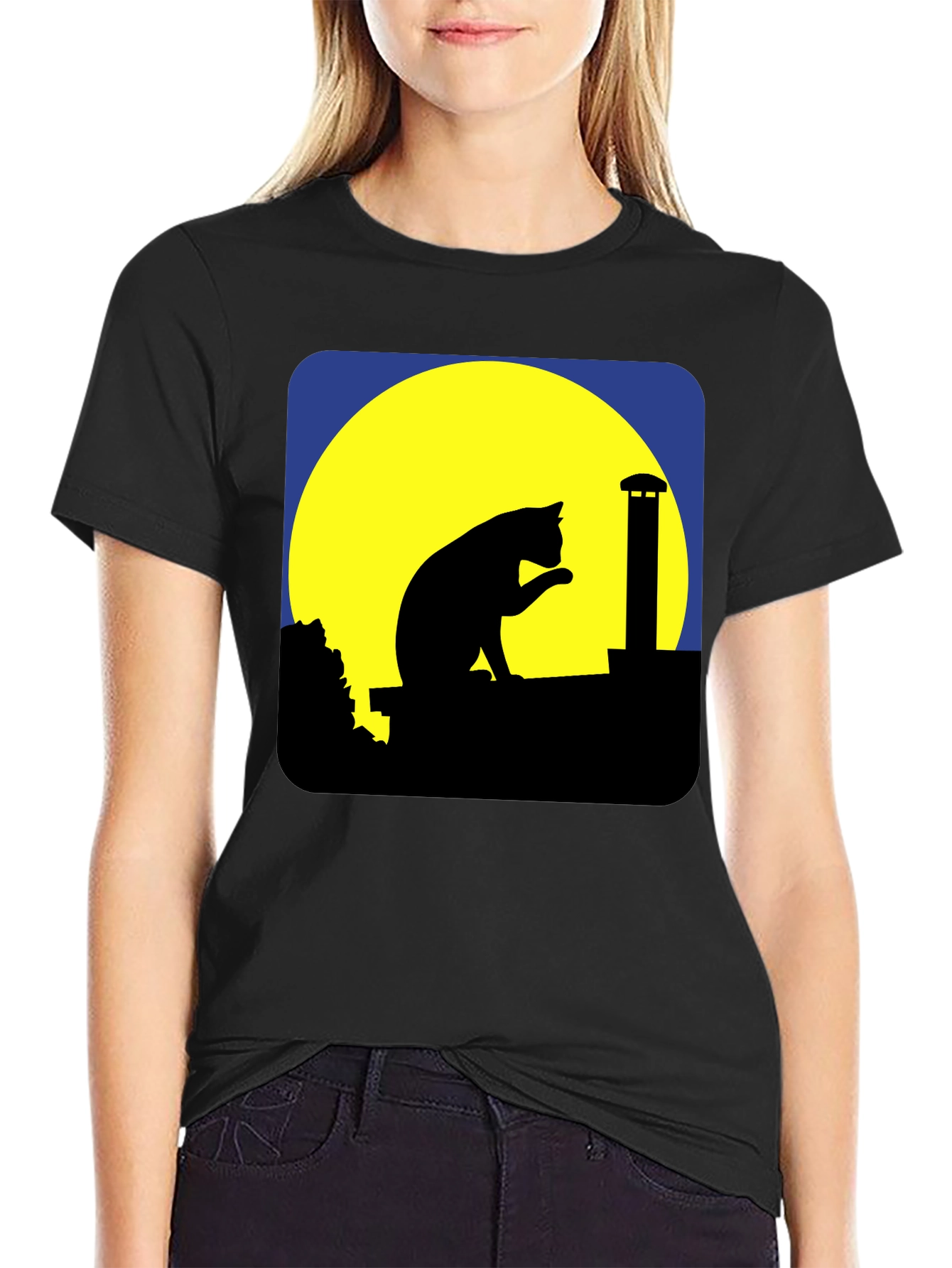Black Cat On Rooftop Silhouette Graphic Tee - Black view 2