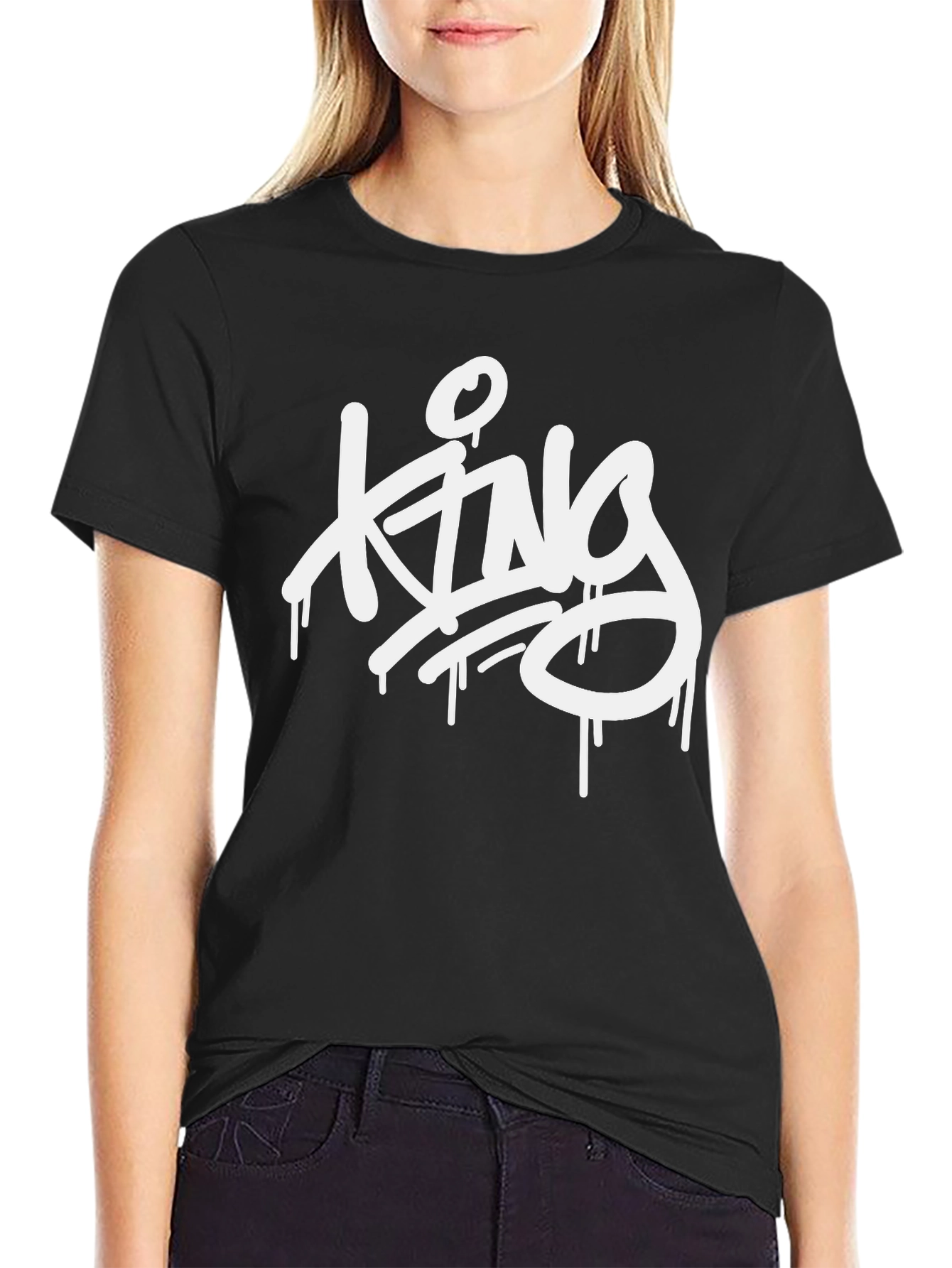 Black King Drip Graphic Tee - Black Crew Neck Casual view 2