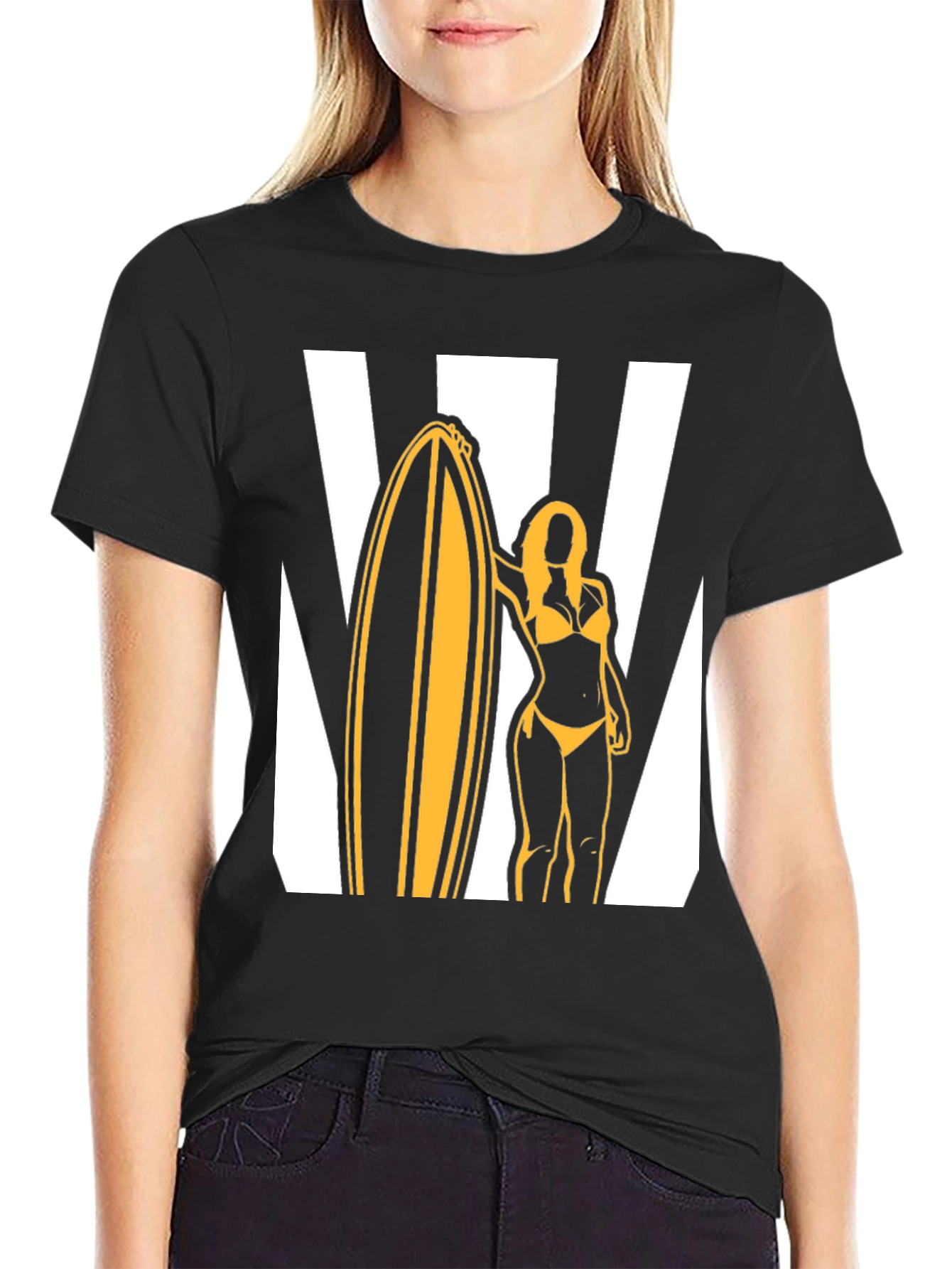 Black Surfer Girl Graphic Tee - Black Cotton T-Shirt view 2
