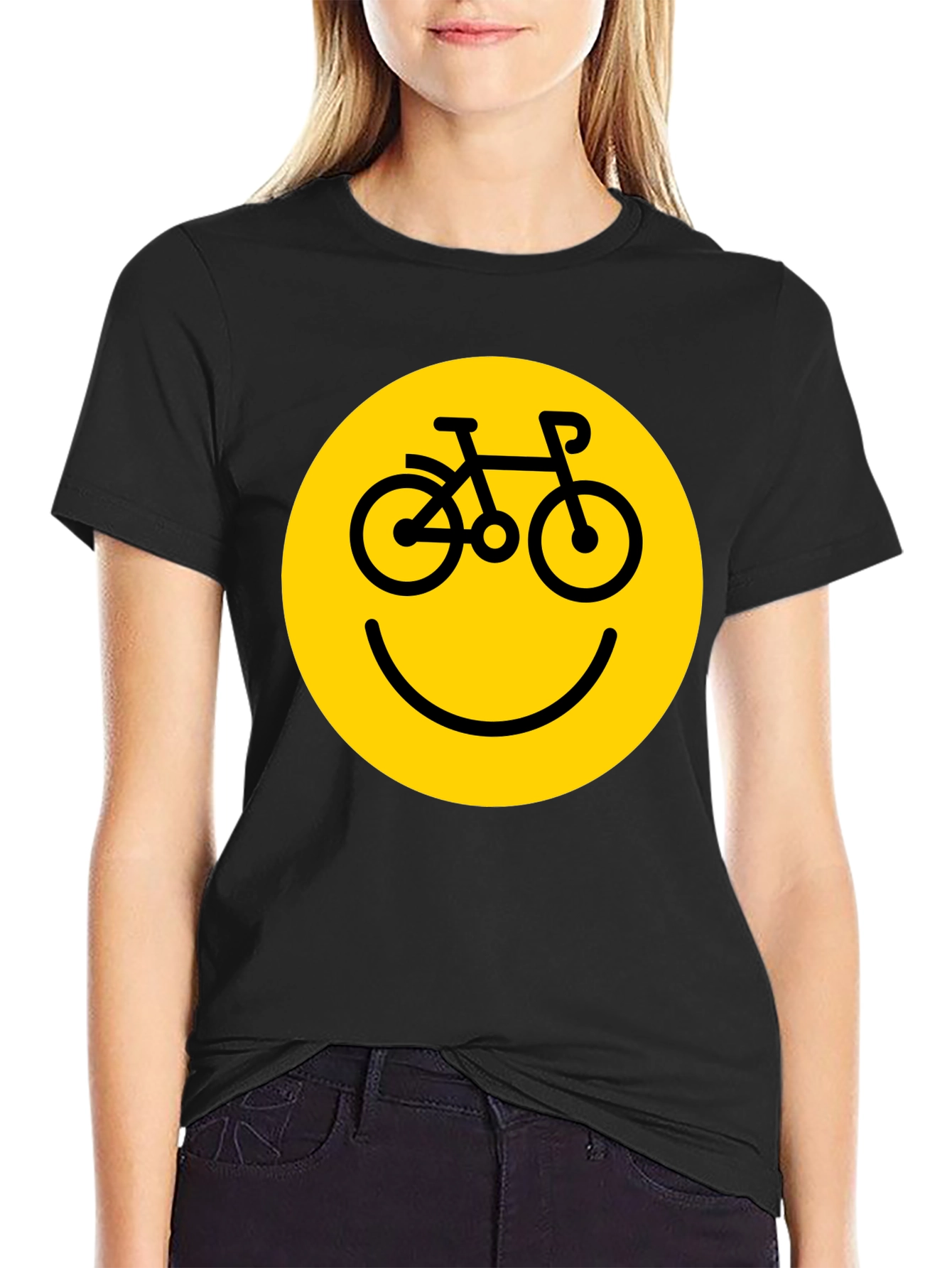 Black Smiley Face Bike T-Shirt - Yellow Graphic view 2
