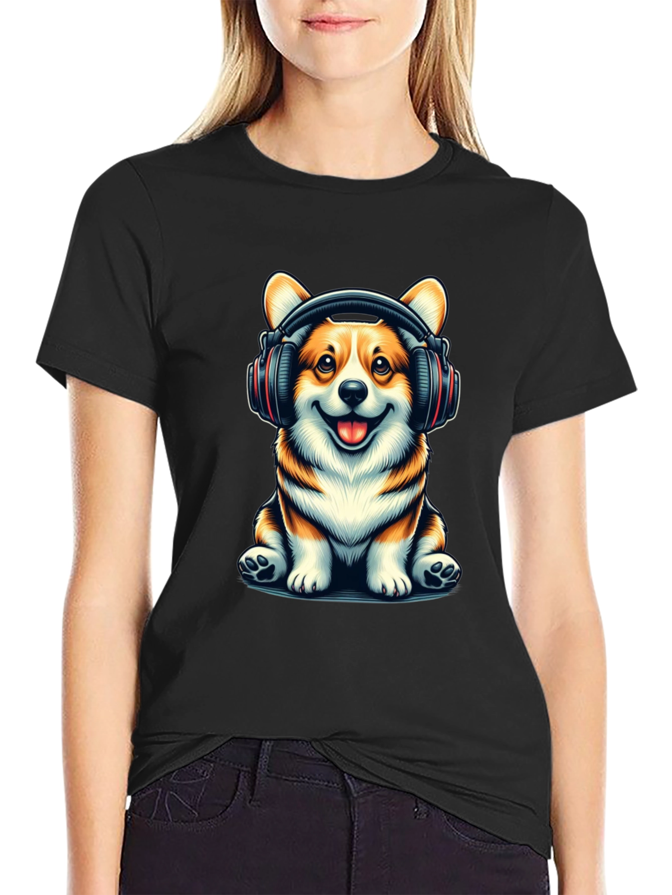 Black Corgi Headphones Graphic T-Shirt view 2