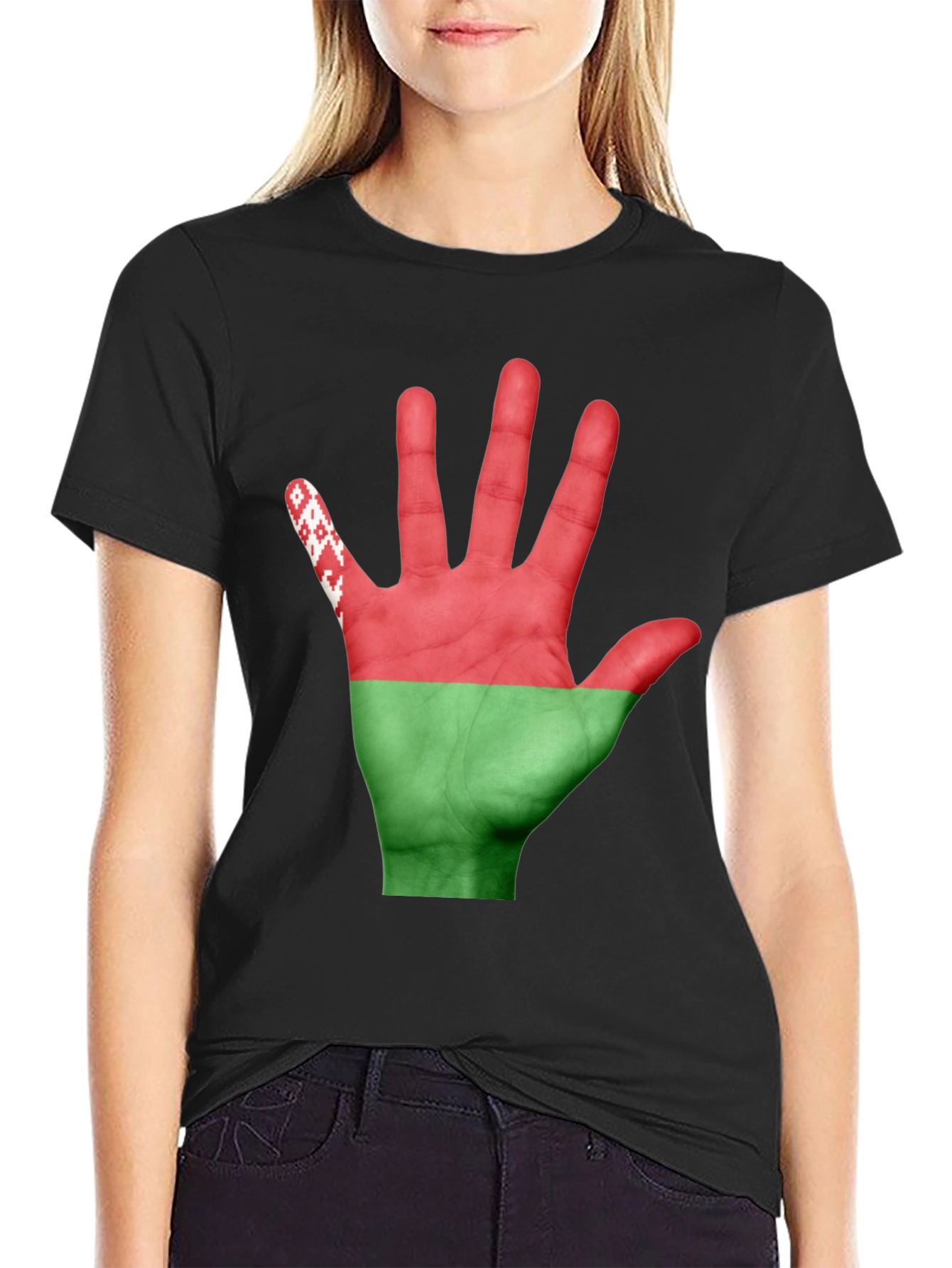 Black Belarus Flag Hand Print Black T-Shirt view 2