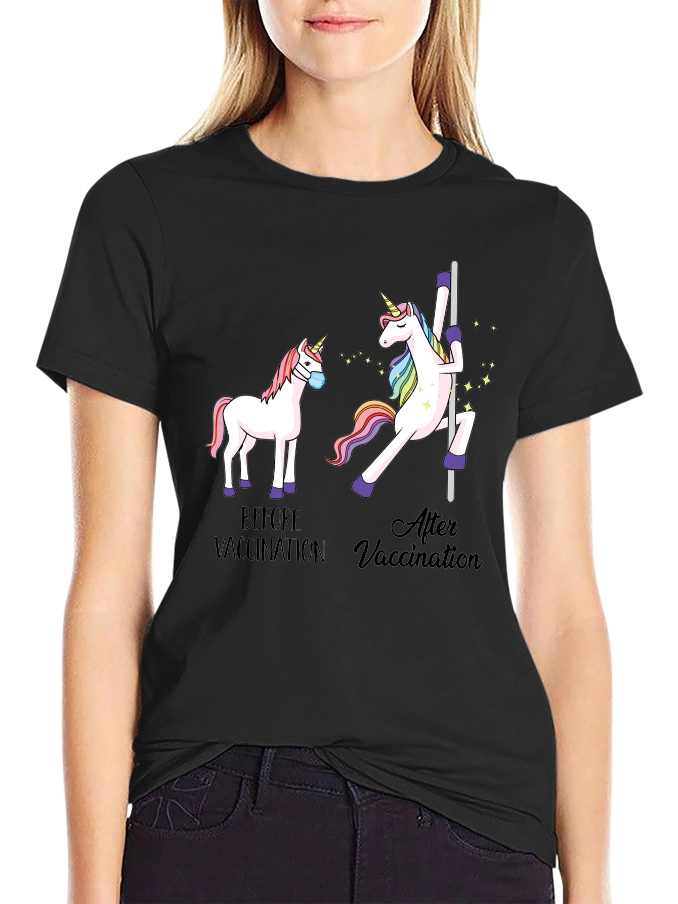 Black Vaccinated Unicorn Graphic Tee - Funny Health T-Shirt view 2