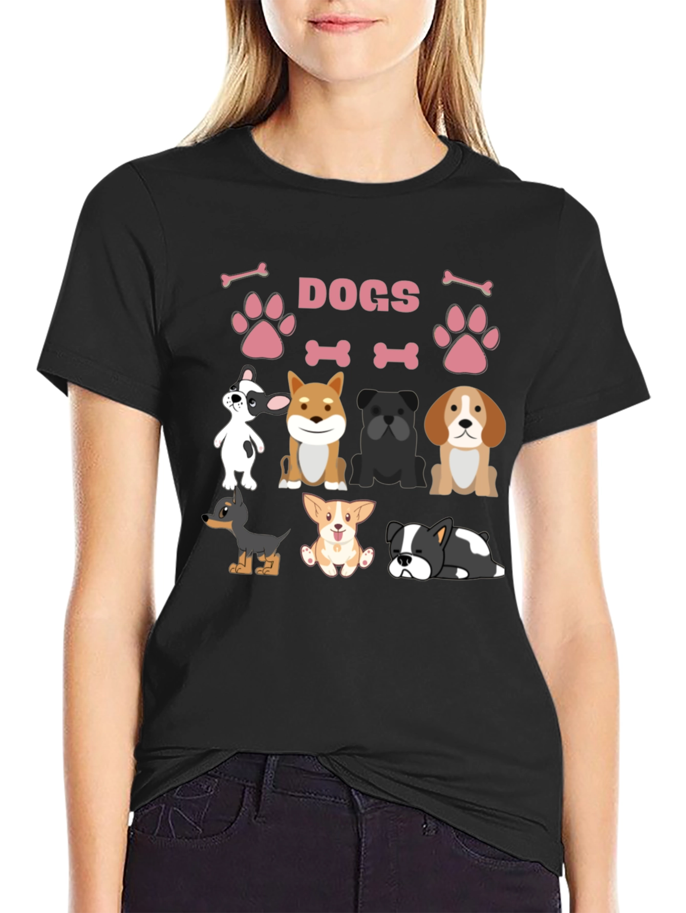 Black Cute Dogs Graphic Print T-Shirt view 2