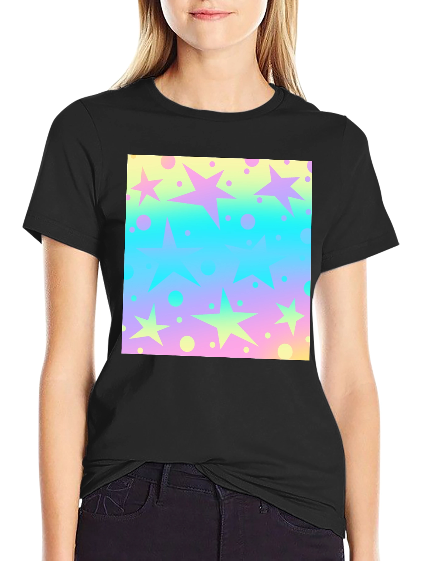 Black Starry Pastel Print Black T-Shirt view 2