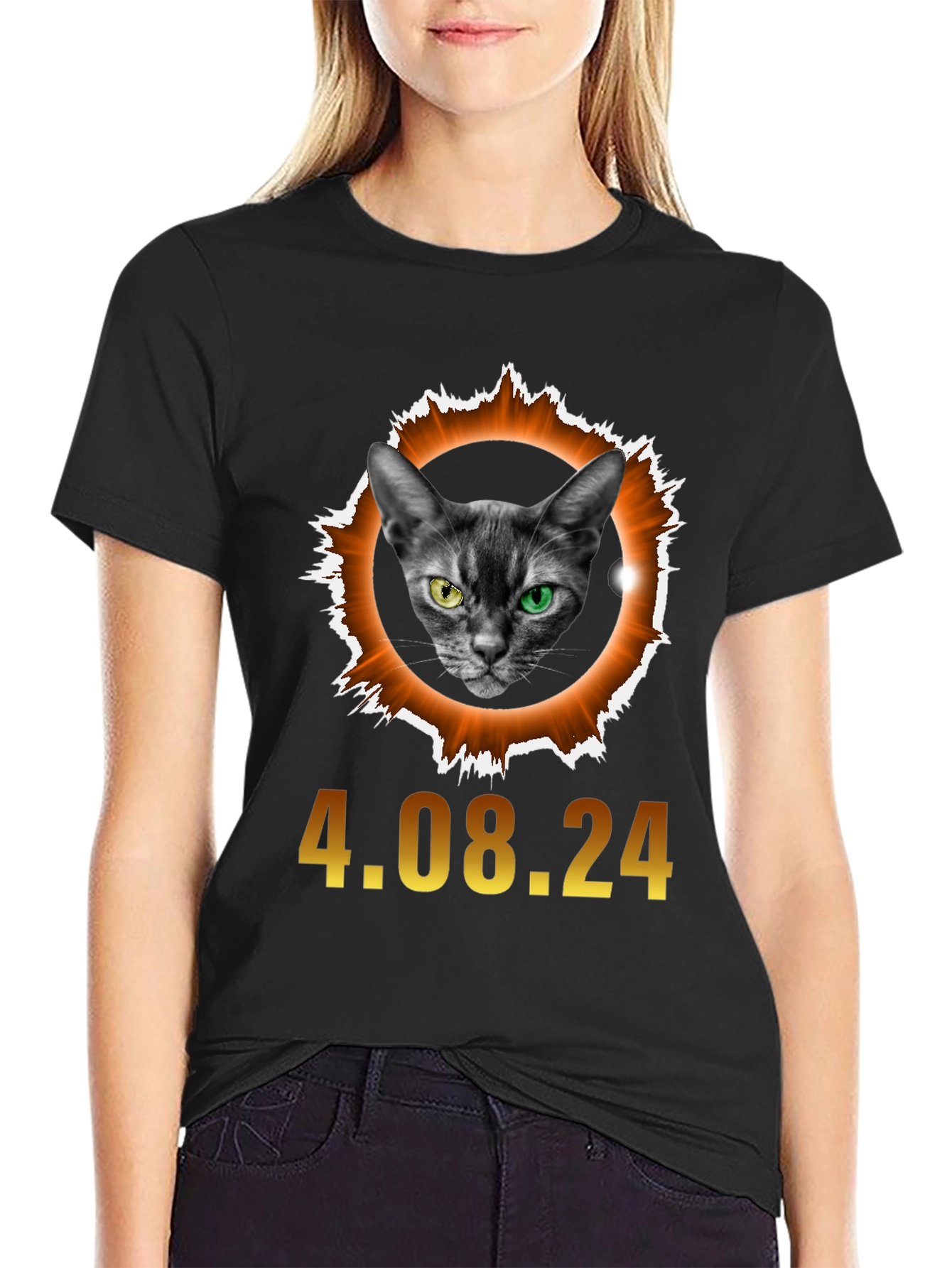 Black Eclipse Cat T-Shirt - April 8th, 2024 Solar Event view 2