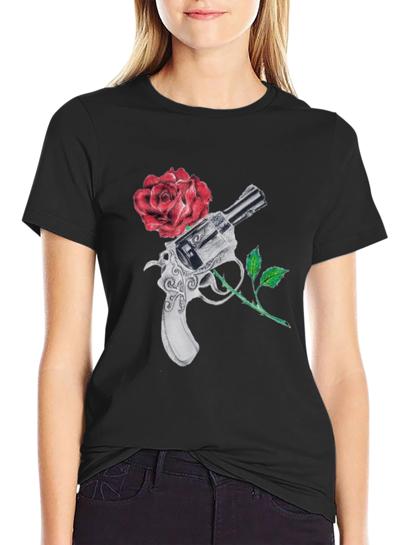 Black Gun and Rose Graphic Black T-Shirt view 2