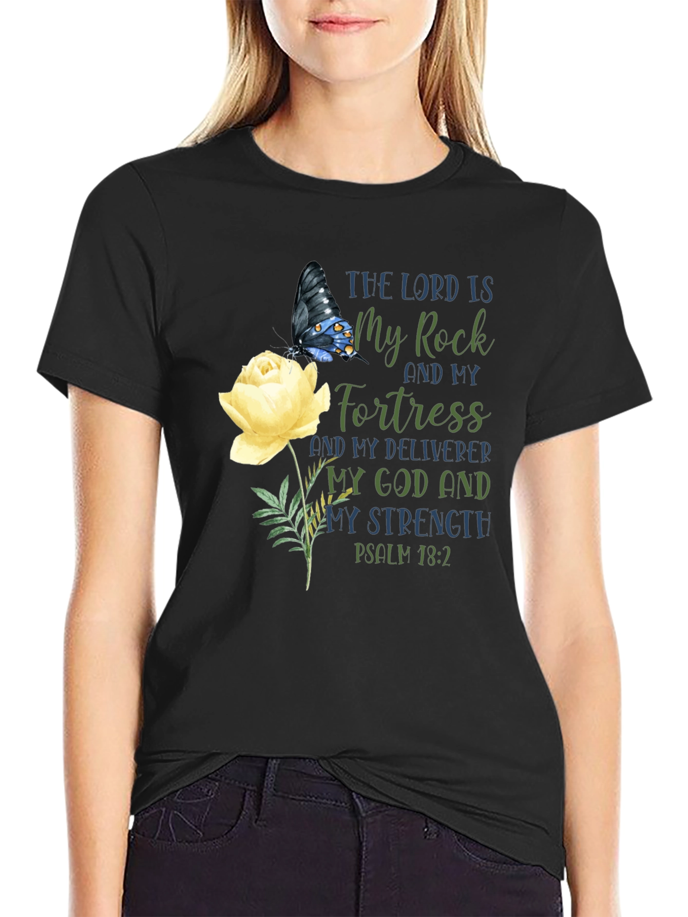 The Lord Is My Rock T-Shirt, Butterfly & Rose Design - 2