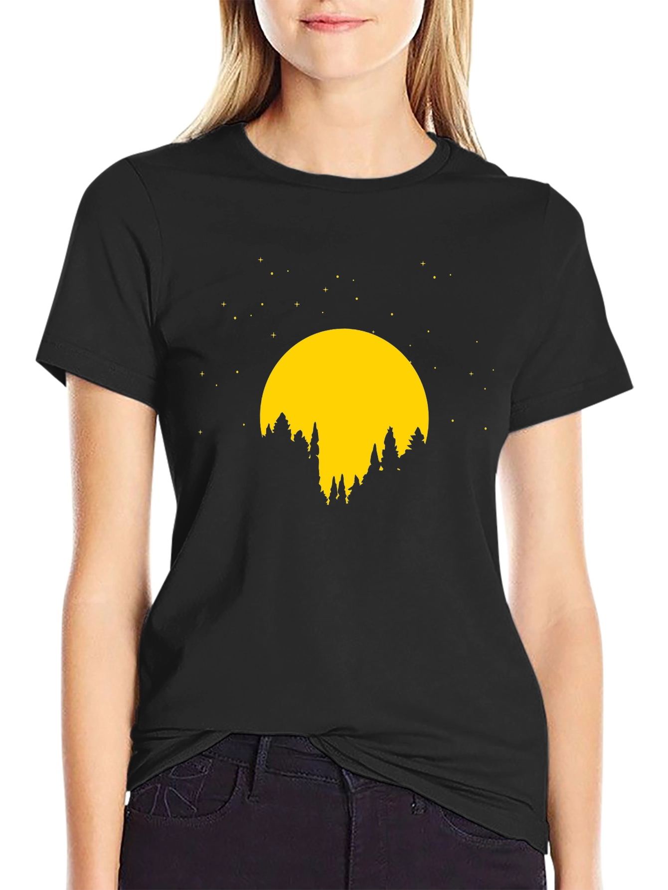 Black Night Forest Graphic Tee - Black Cotton T-Shirt view 2