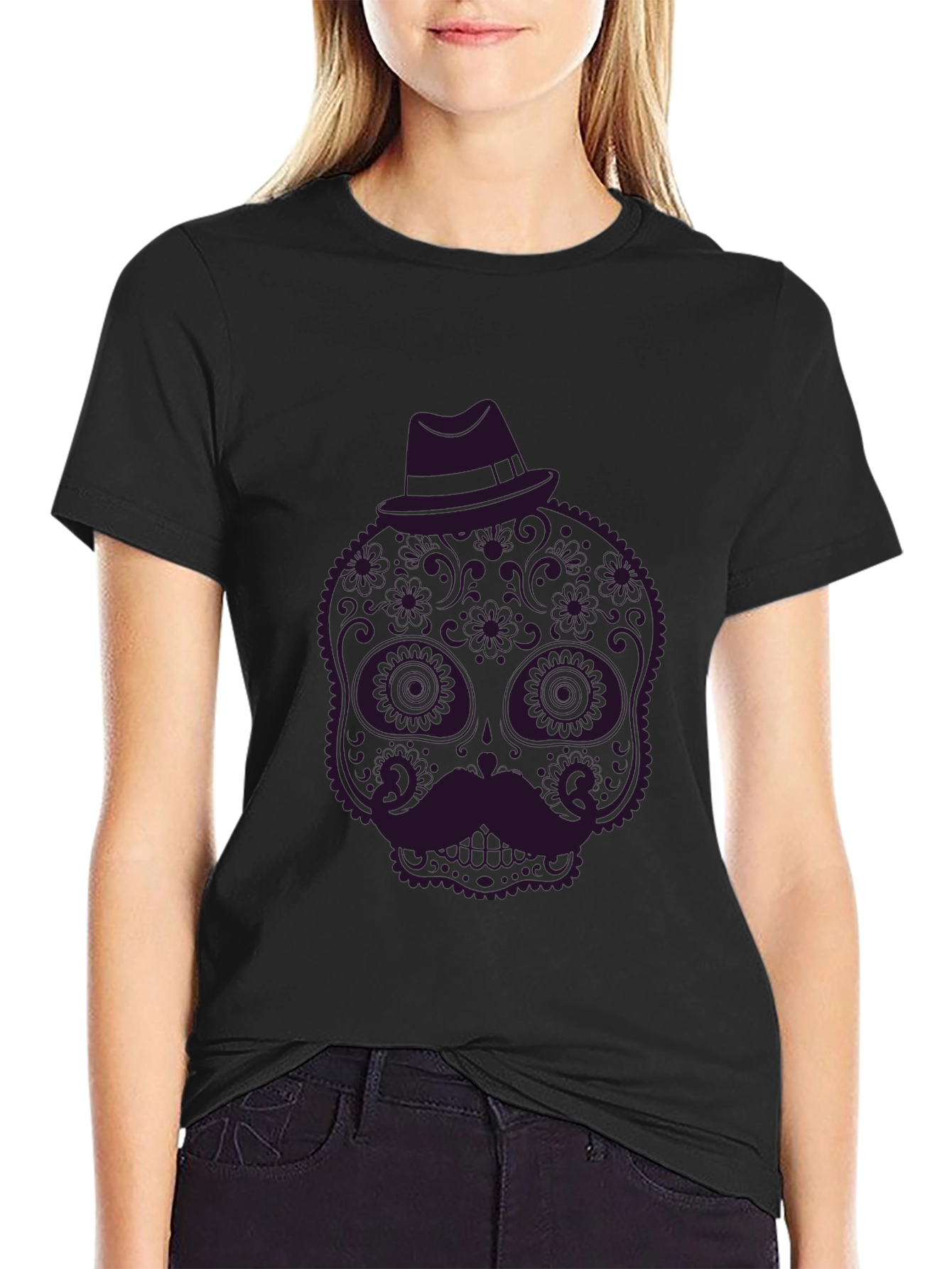 Black Sugar Skull Mustache Graphic Tee - Black view 2