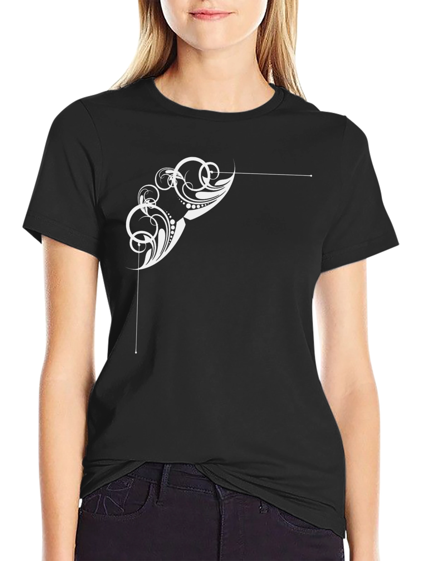 Black Stylish Black T-Shirt with Abstract White Design view 2