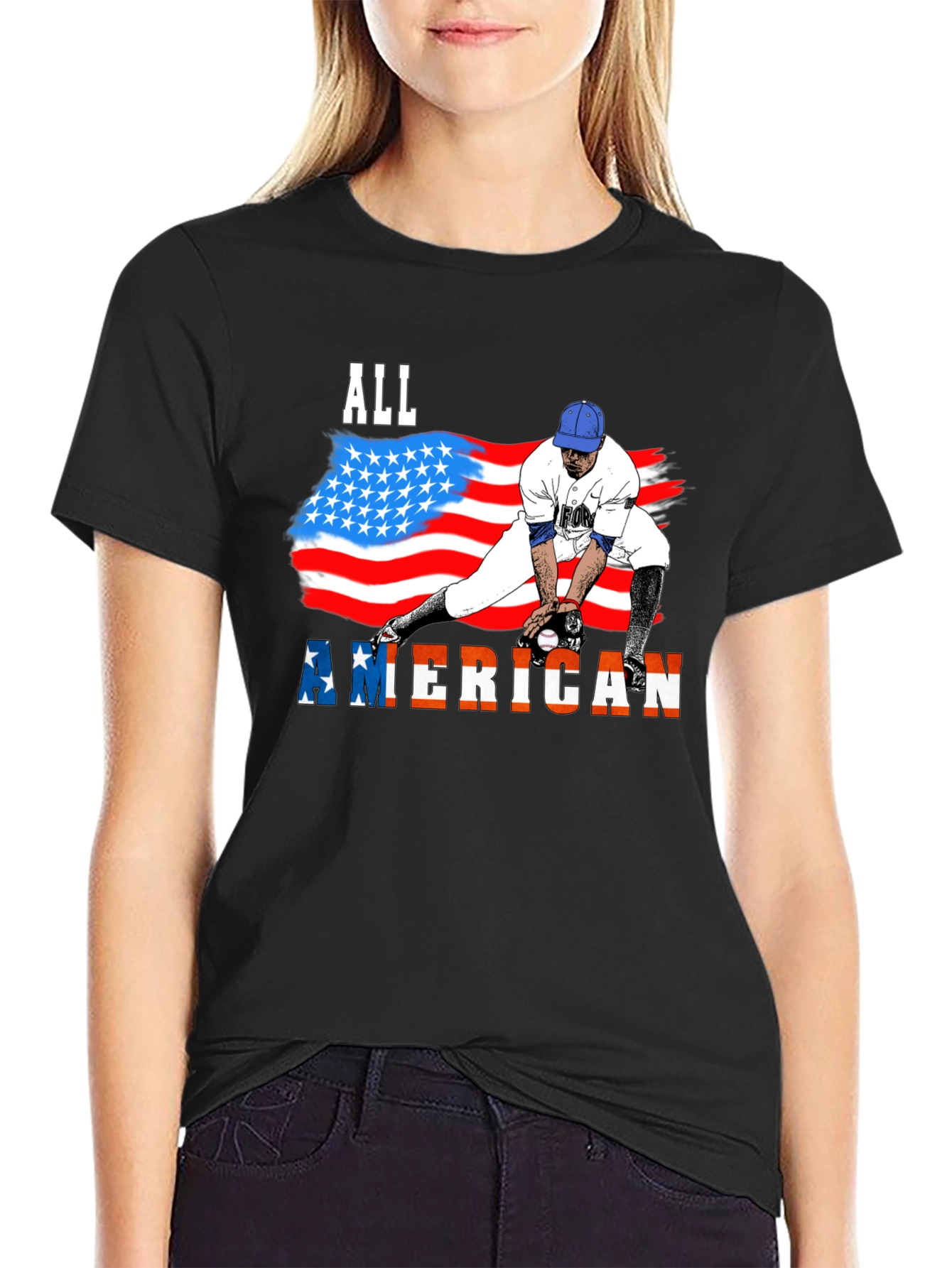 Black All American Baseball T-Shirt - Patriotic USA Flag Design view 2