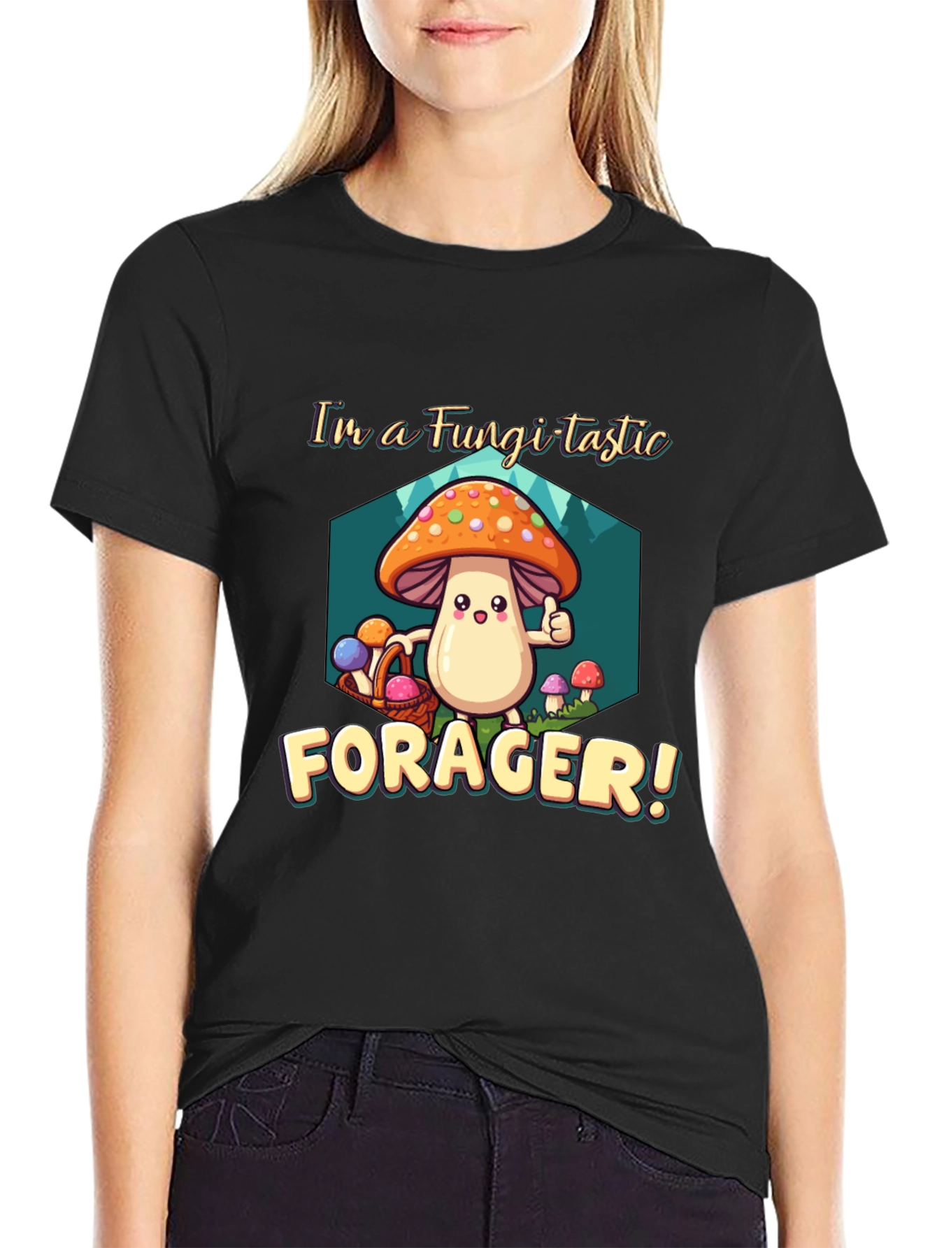 Black Fungi-tastic Forager T-Shirt - Fun Mushroom Design view 2