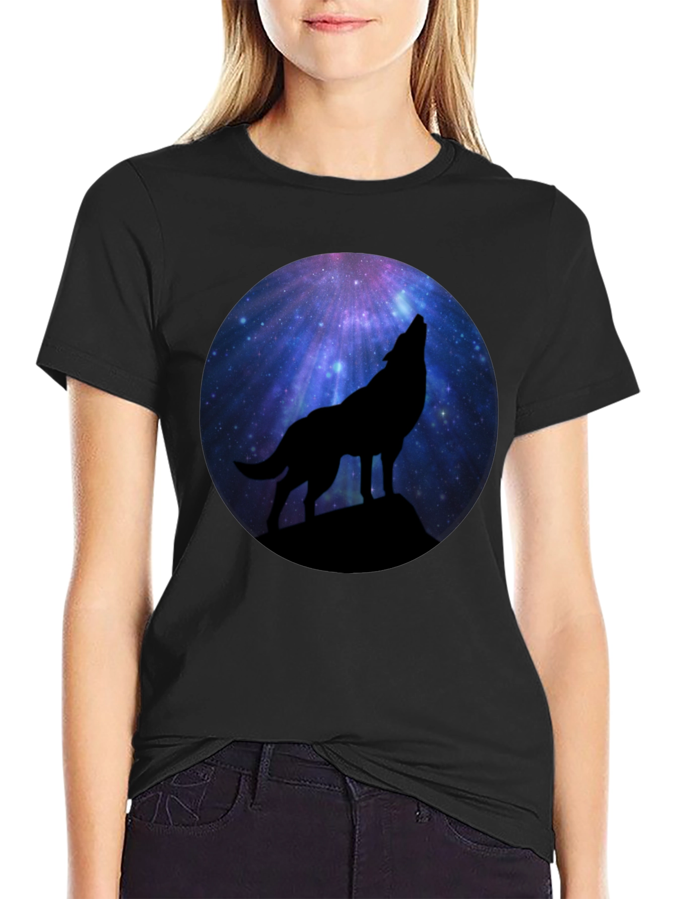 Black Wolf Howling at Galaxy Moon Men's Black T-Shirt view 2