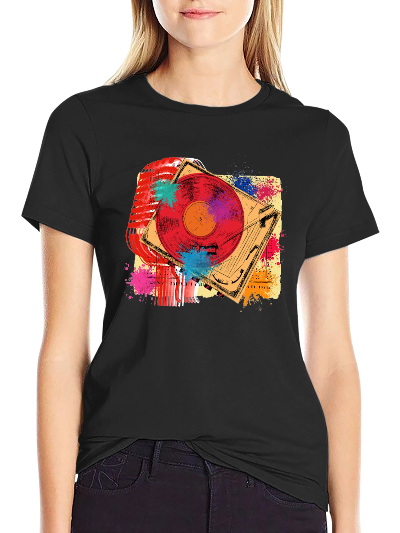Black Retro Music T-Shirt - Microphone & Turntable Design view 2